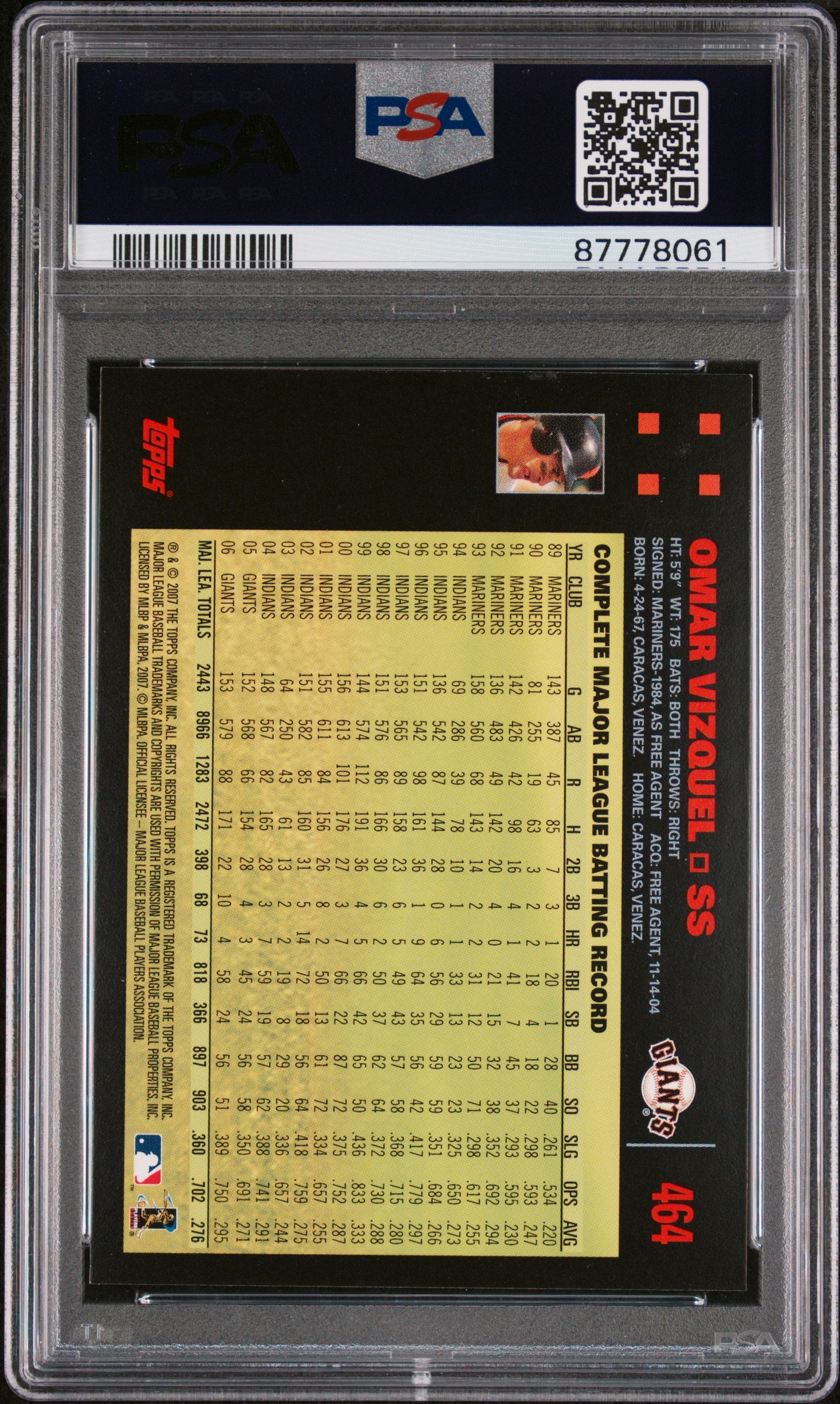 2007 Topps RED BACK Omar Vizquel #464 PSA 9 87778061