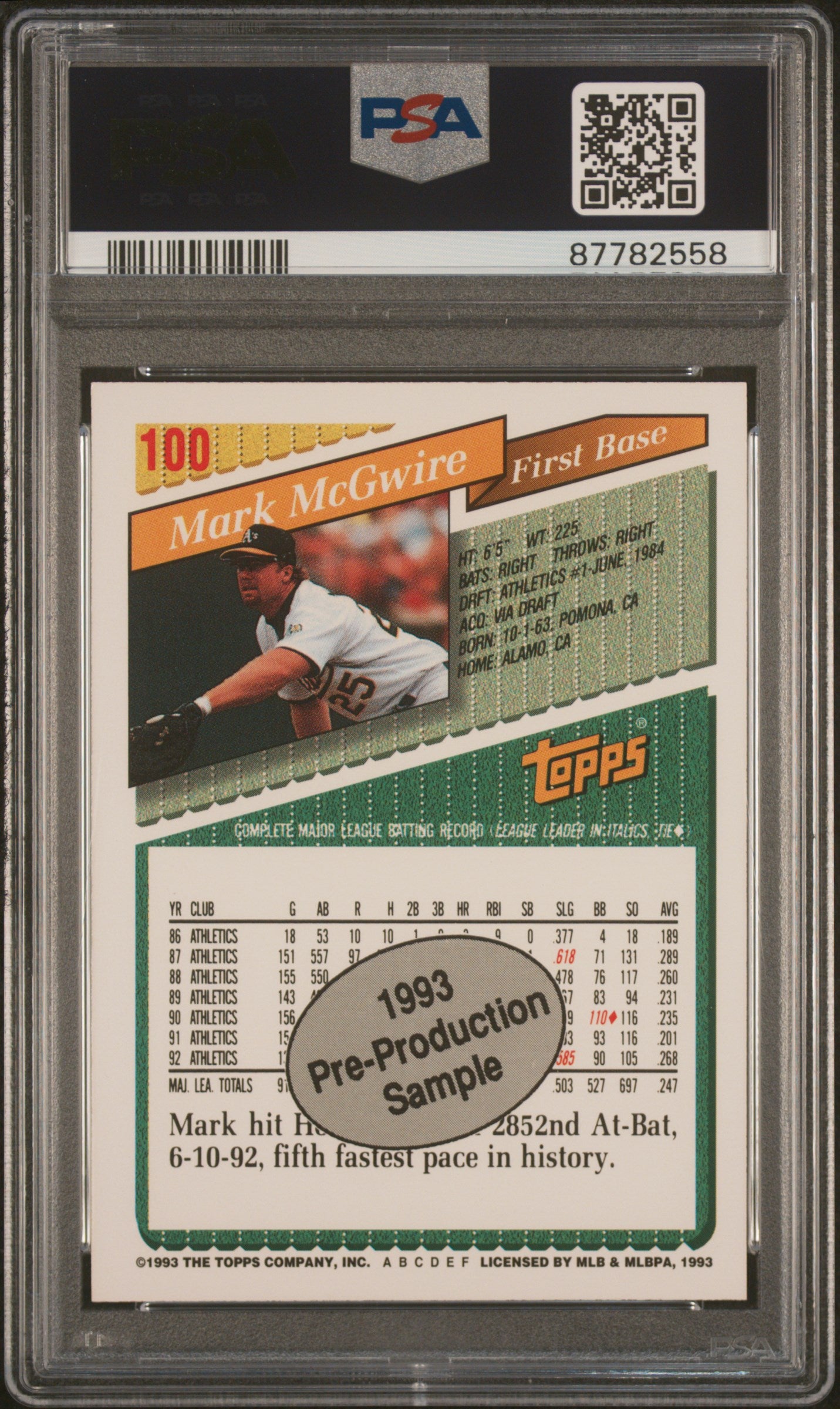 1993 Topps Pre-Production Baseball Mark Mcgwire #100 PSA 10 87782558