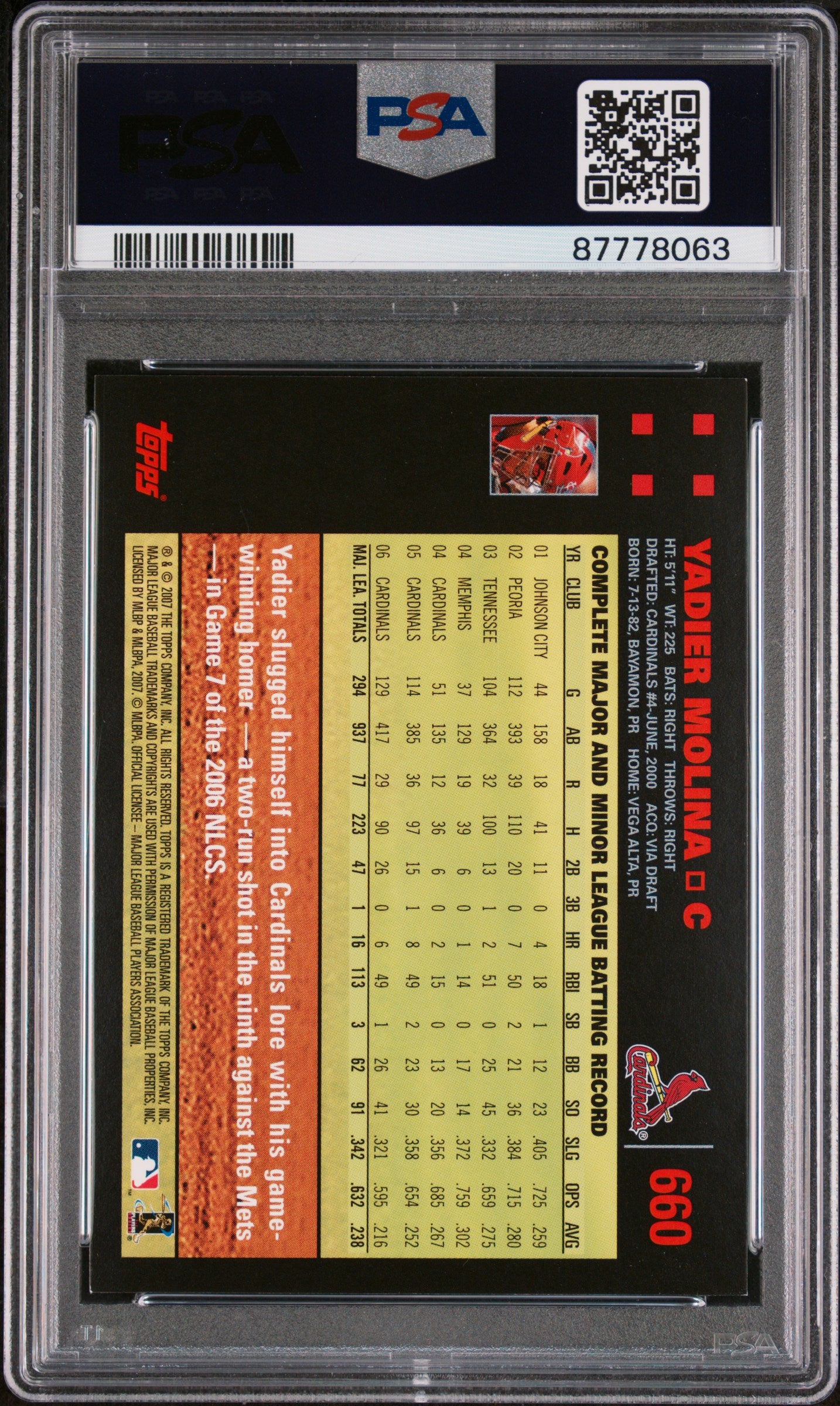 2007 Topps RED BACK Yadier Molina #660 PSA 9 87778063 Highest Graded