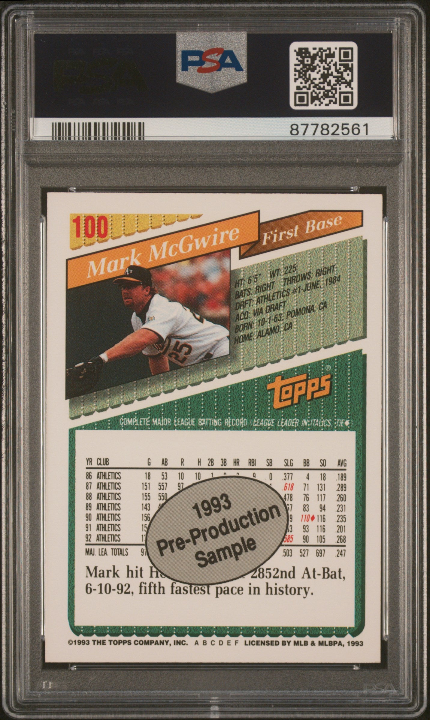 1993 Topps Pre-Production Baseball Mark Mcgwire #100 PSA 9 87782561