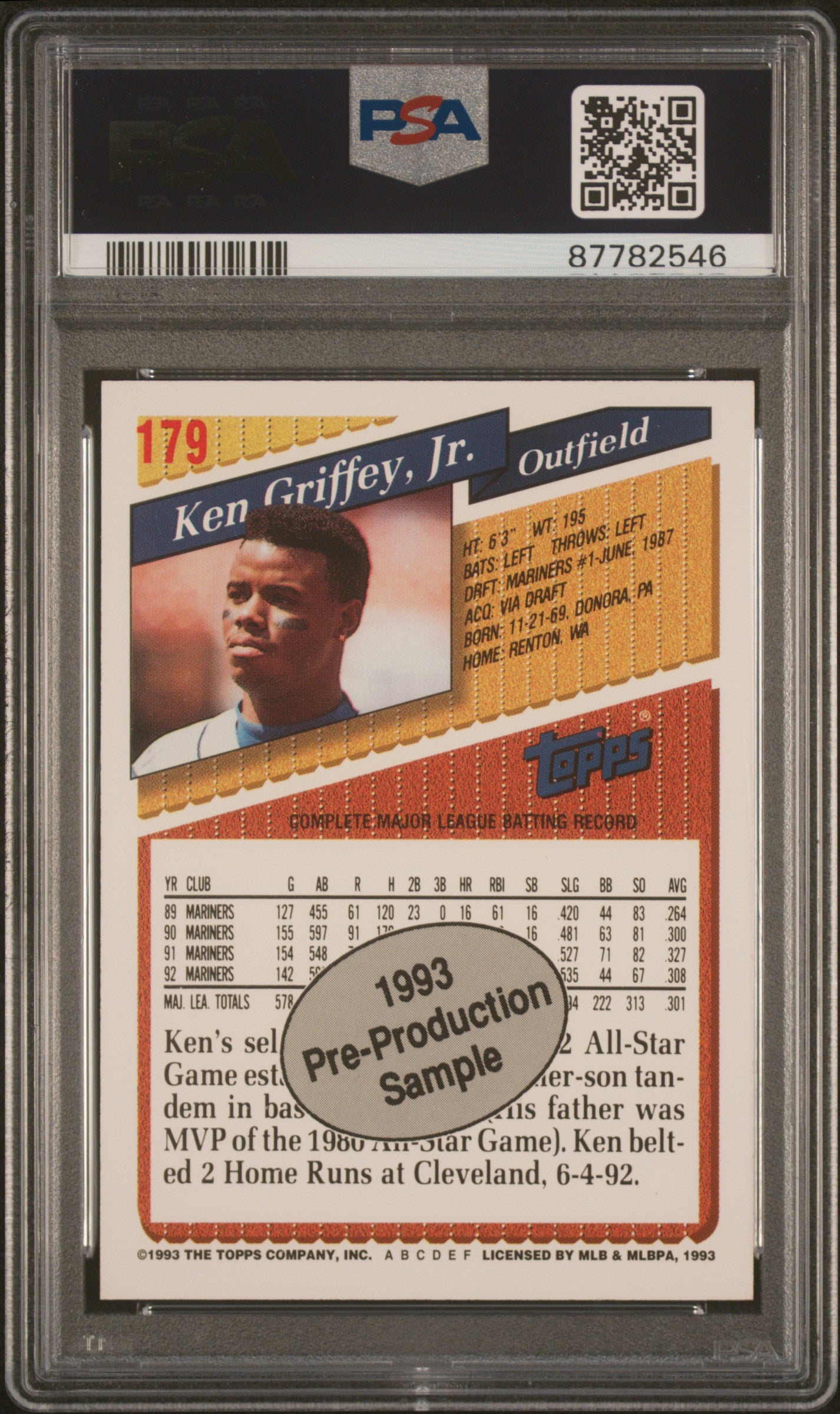 1993 Topps Pre-Production Baseball Ken Griffey JR. #179 PSA 10 87782546