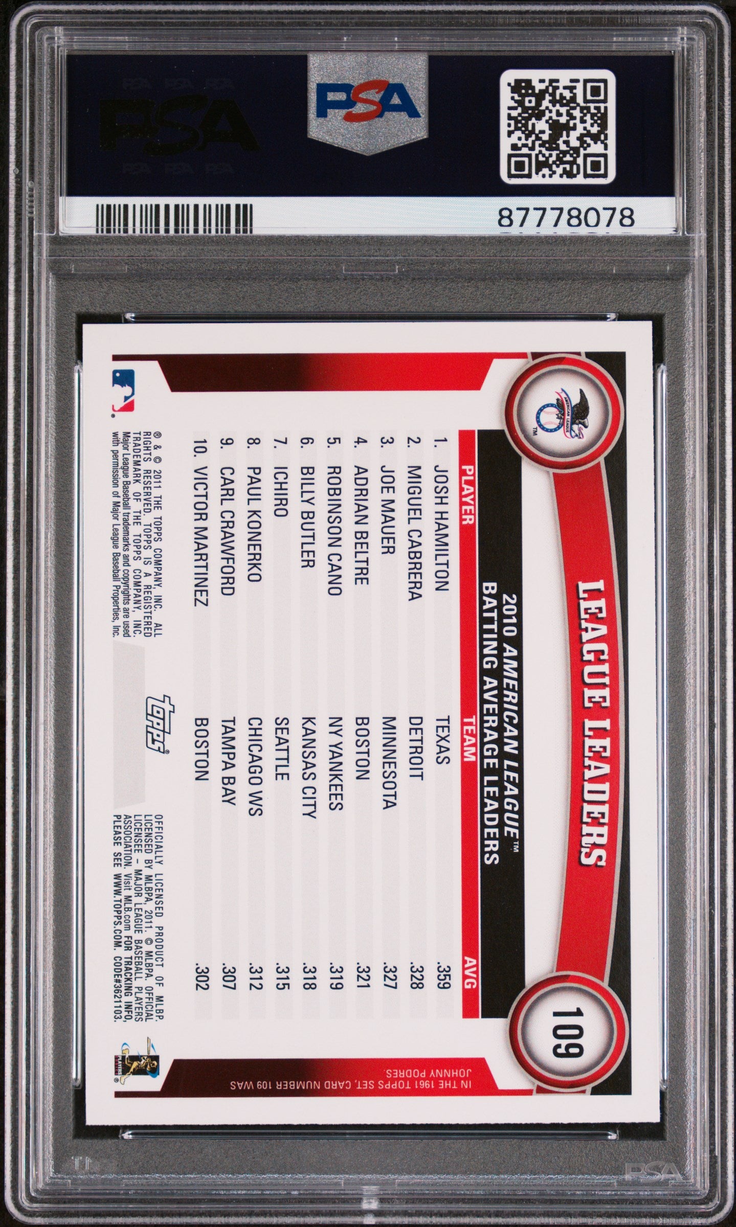 2011 Topps DIAMOND Josh Hamilton/Miguel Cabrera/Joe Mauer #109 PSA 9 87778078