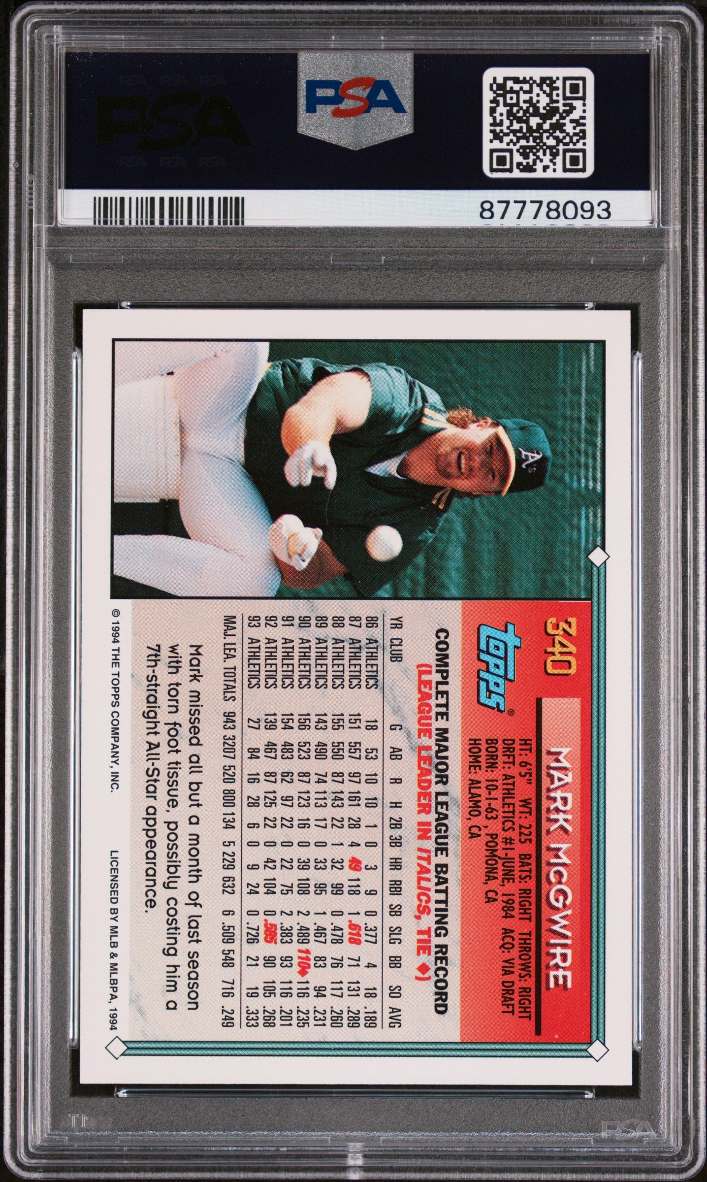 1994 Topps Gold Baseball Mark Mcgwire #340 PSA 10 87778093