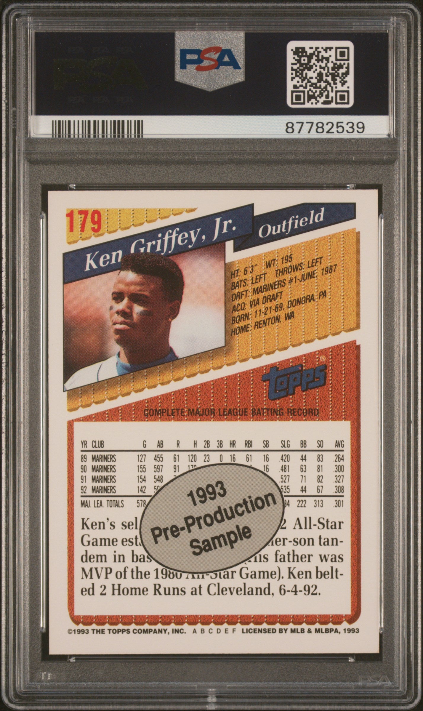 1993 Topps Pre-Production Baseball Ken Griffey JR. #179 PSA 10 87782539