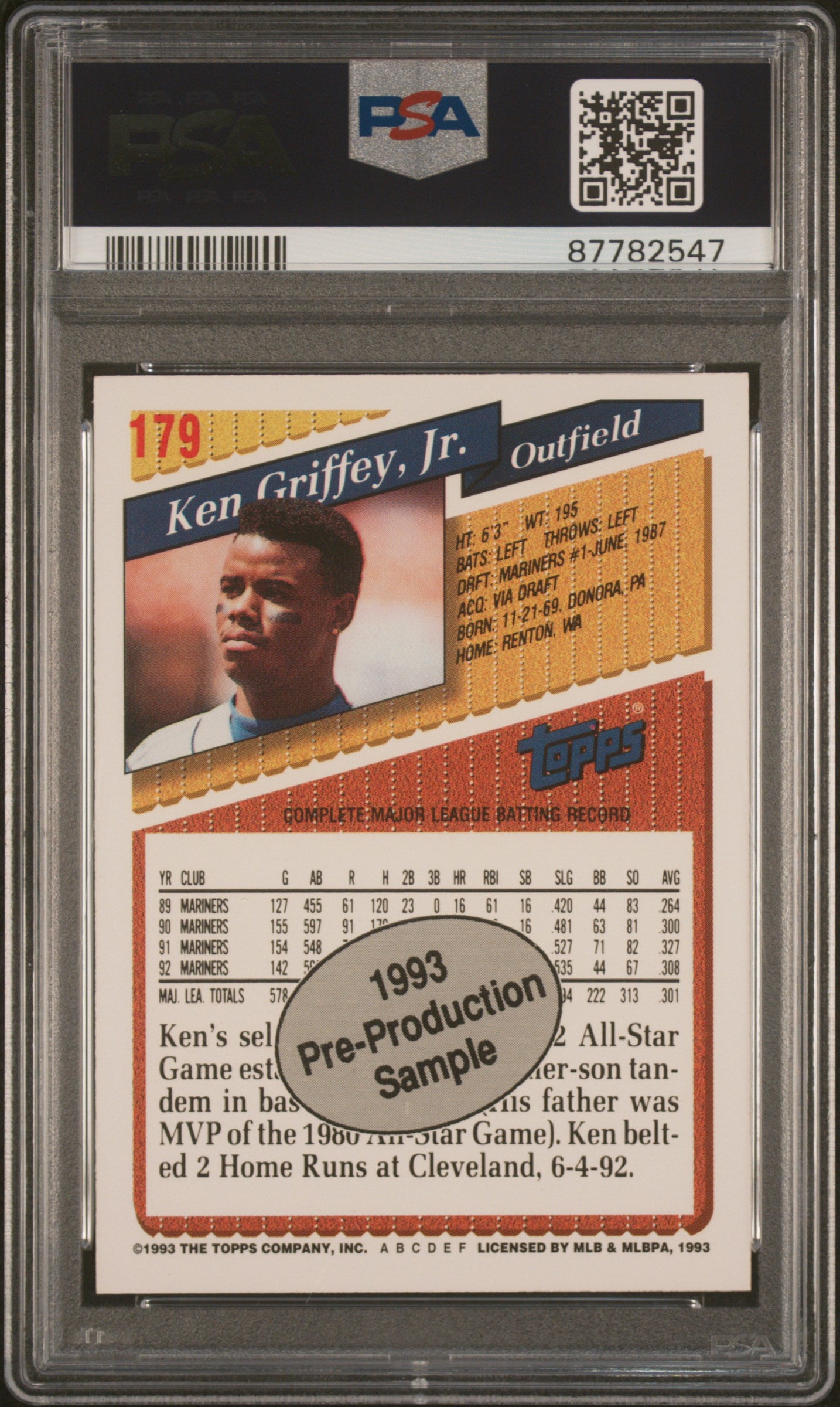 1993 Topps Pre-Production Baseball Ken Griffey JR. #179 PSA 10 87782547