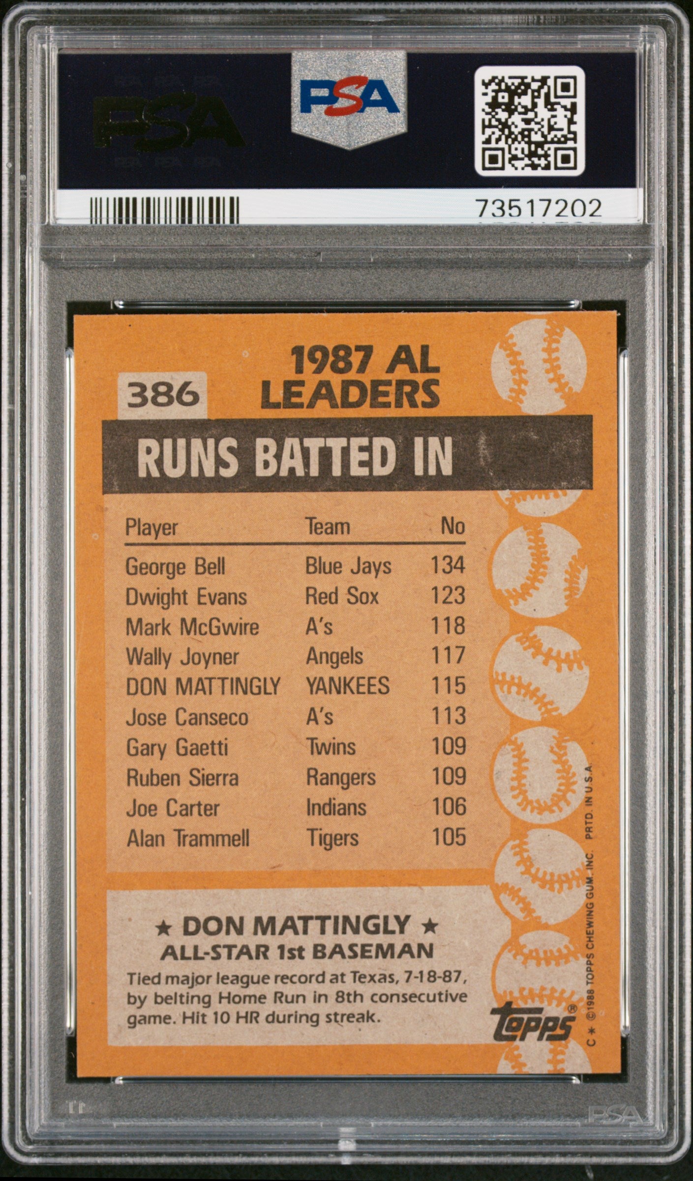1988 Topps Baseball Don Mattingly #386 Psa 9 73517202