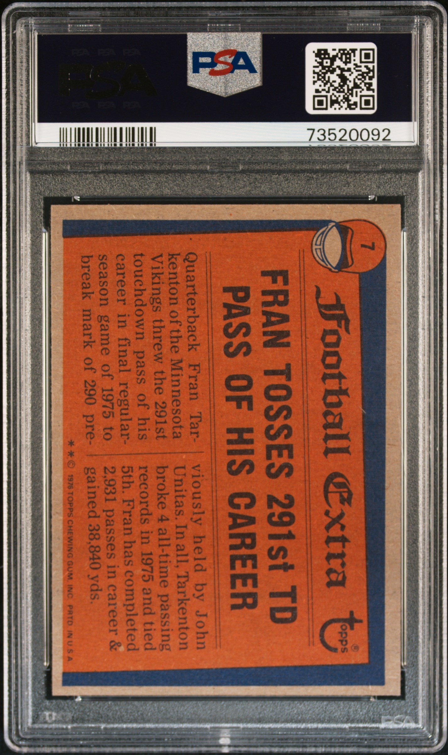 1976 Topps Football Fran Tarkenton #7 Psa 7 73520092