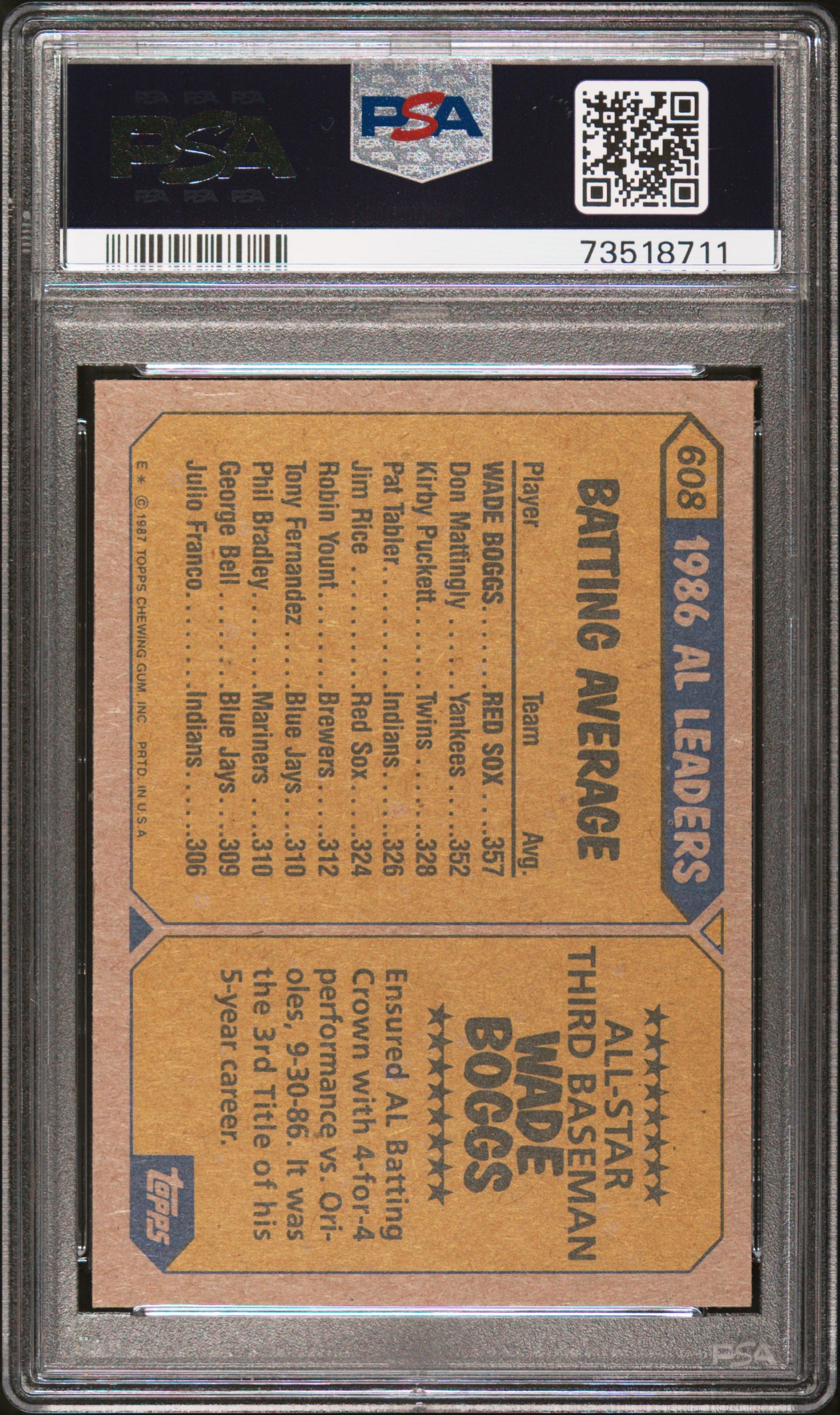 1987 Topps Baseball Wade Boggs #608 Psa 9 73518711