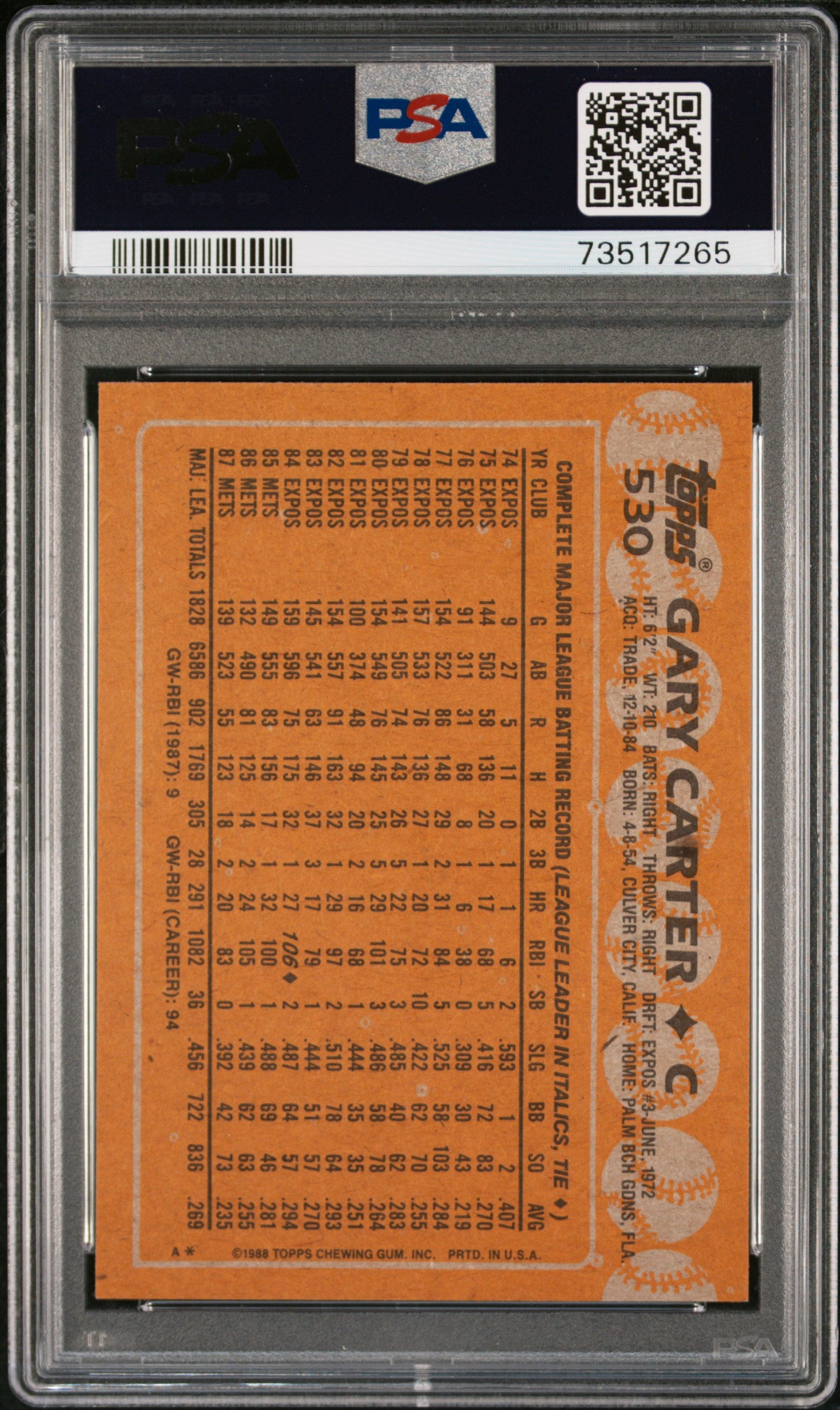 1988 Topps Baseball Gary Carter #530 Psa 9 73517265