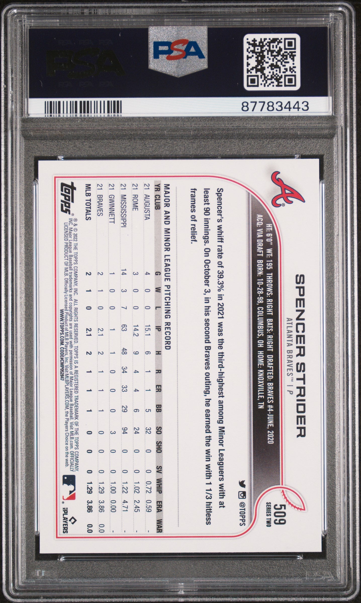 2022 Topps Baseball Spencer Strider RC #509 PSA 10 87783443