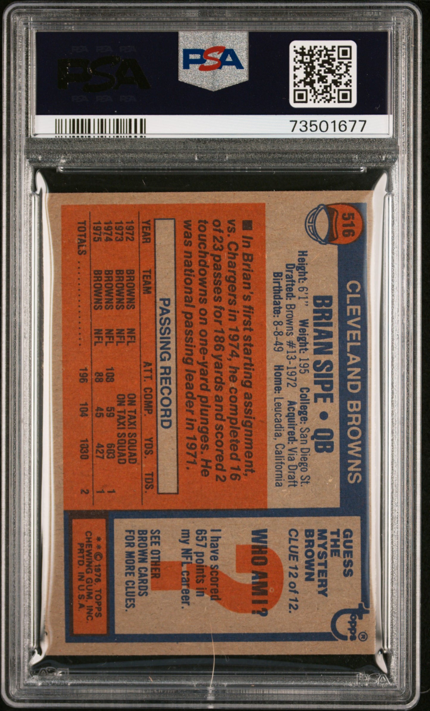 1976 Topps Football Brian Sipe #516 Psa 8 73501677