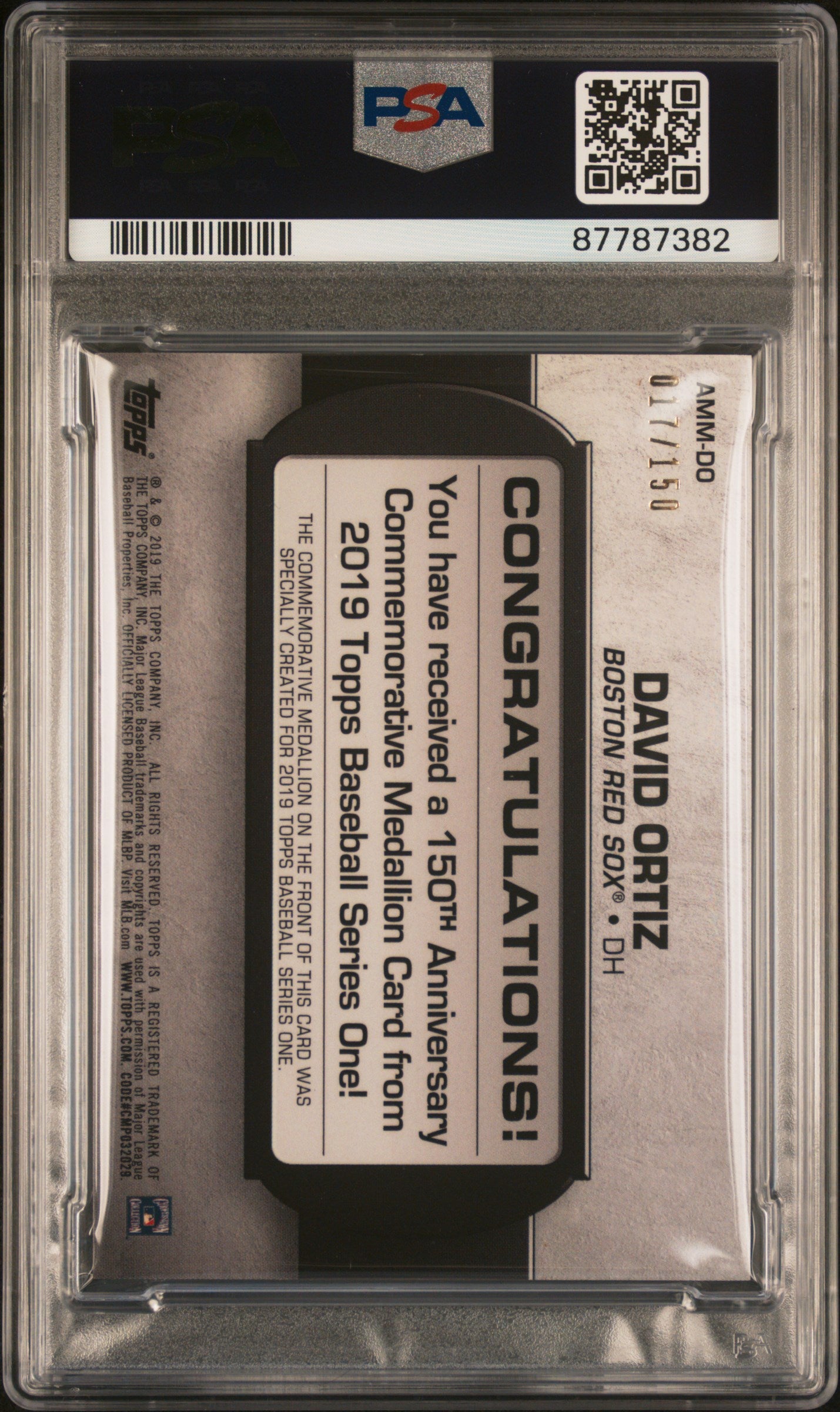 2019 Topps 150th Medallion Baseball David Ortiz #AMMDO PSA 9 87787382
