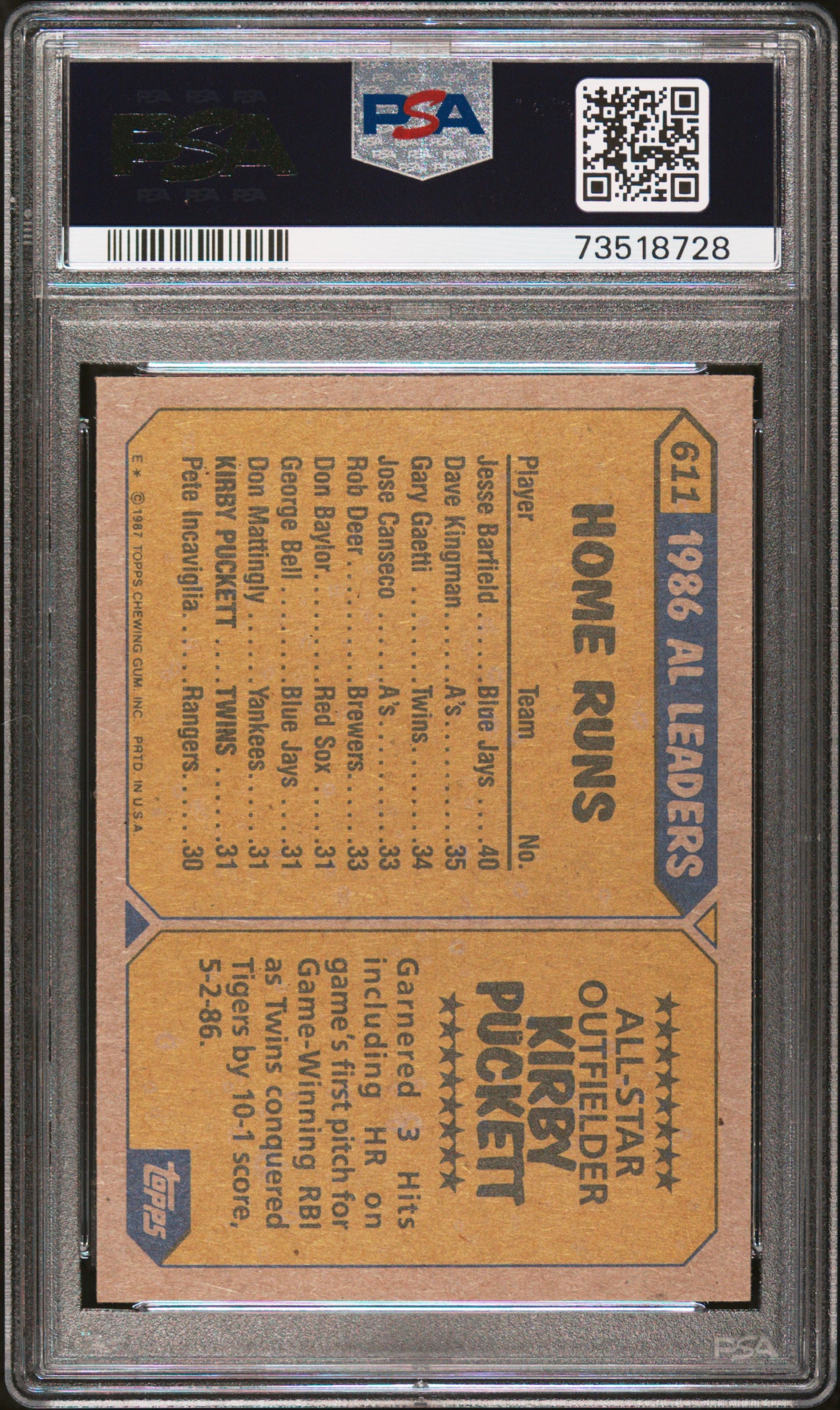 1987 Topps Baseball Kirby Puckett #611 Psa 8 73518728