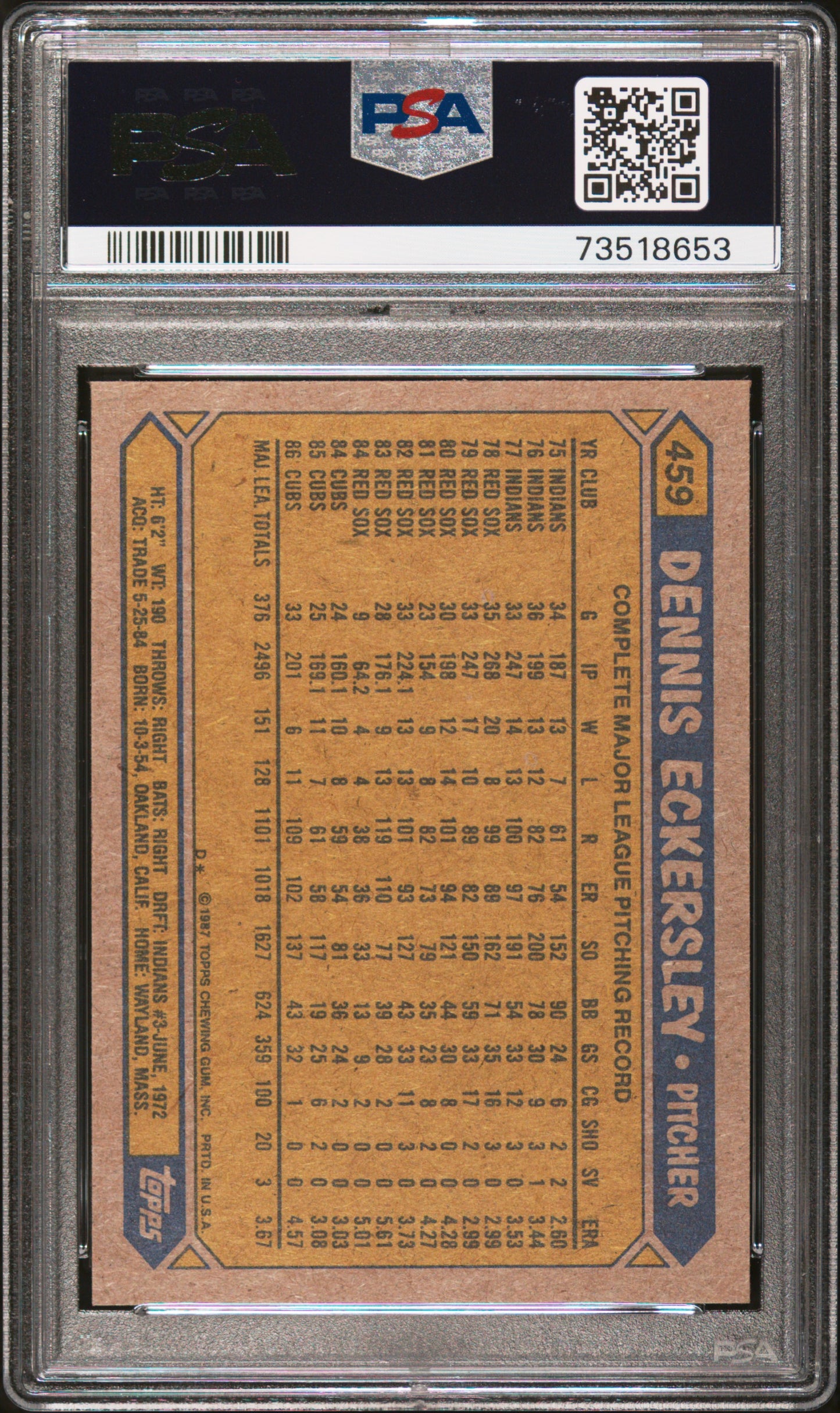 1987 Topps Baseball Dennis Eckersley #459 Psa 9 73518653