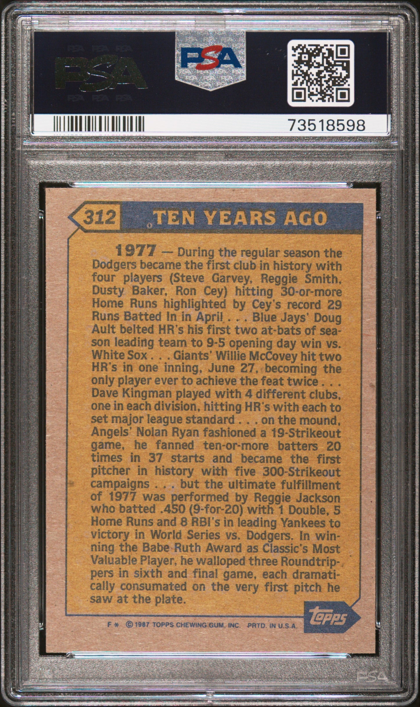1987 Topps Baseball Reggie Jackson #312 Psa 9 73518598