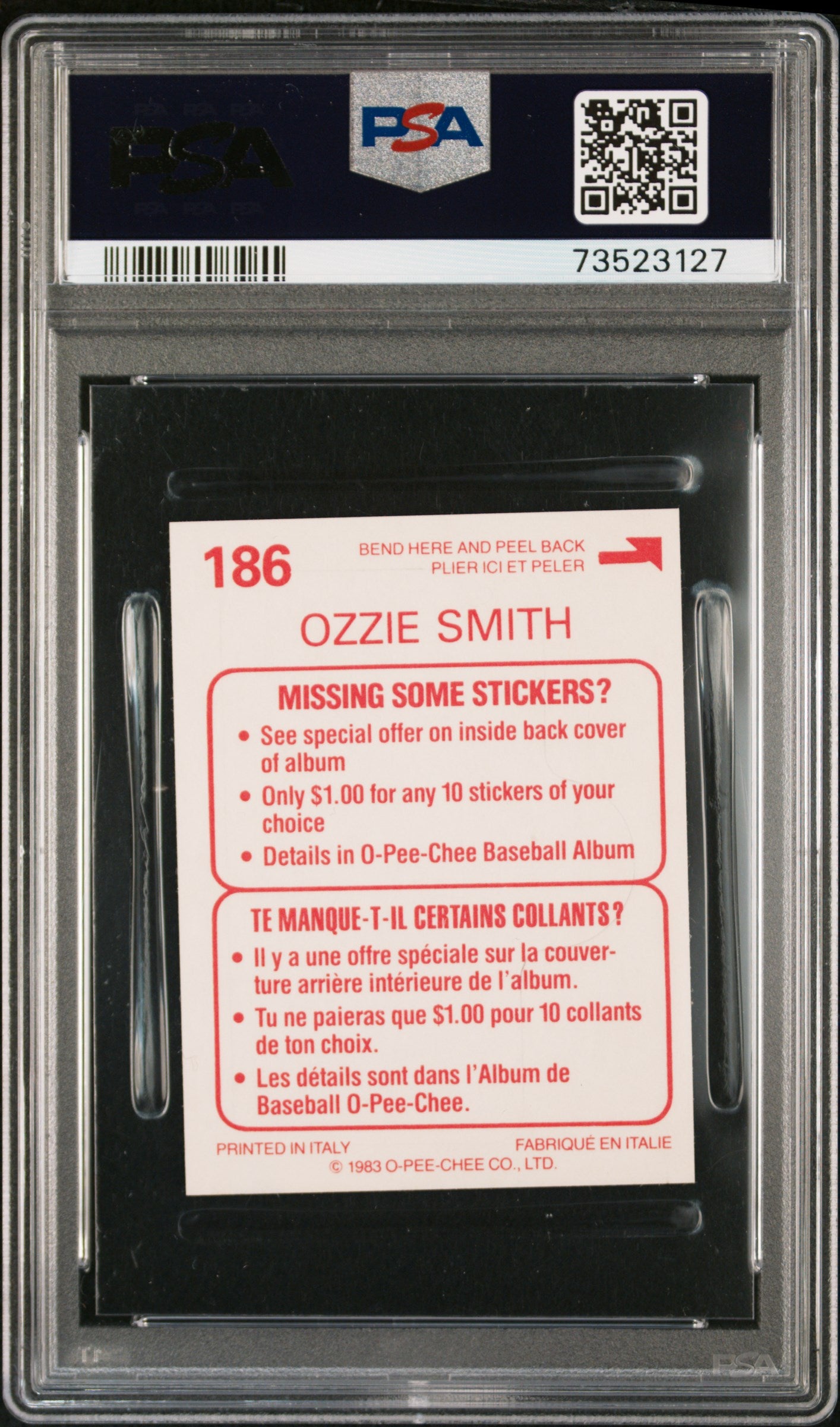 1983 O-pee-chee Stickers Baseball Ozzie Smith #186 Psa 6 73523127