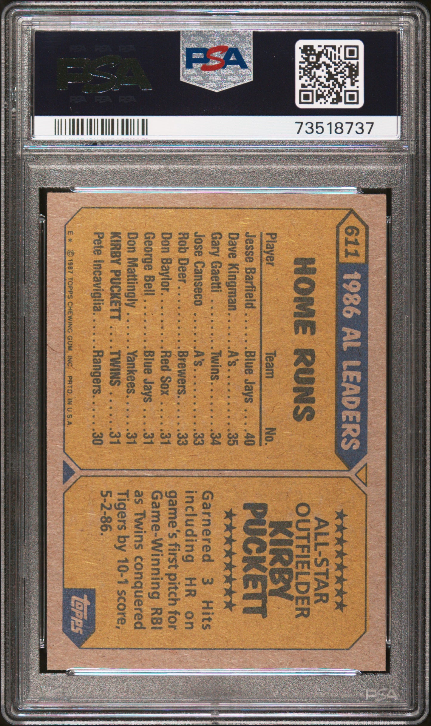 1987 Topps Baseball Kirby Puckett #611 Psa 9 73518737
