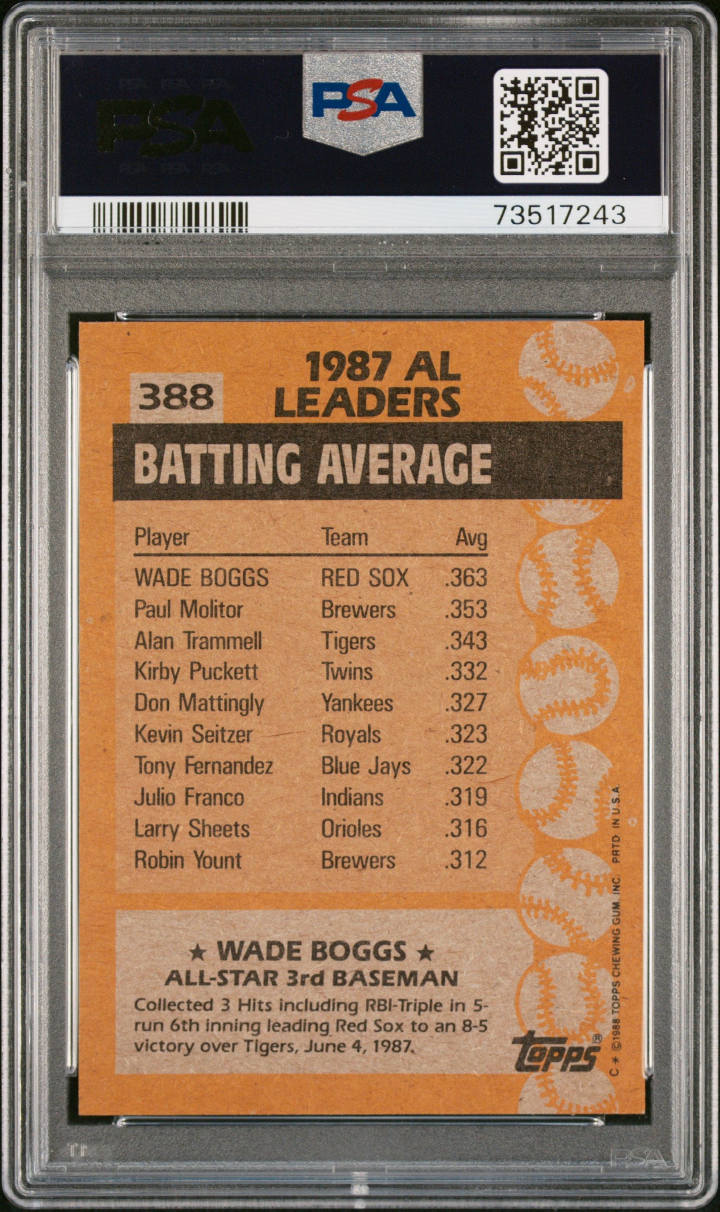 1988 Topps Baseball Wade Boggs #388 Psa 9 73517243