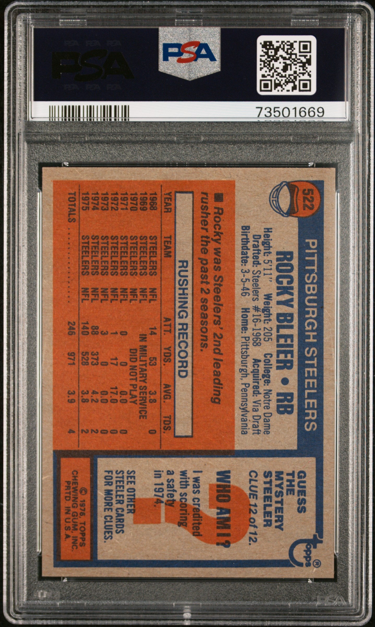 1976 Topps Football Rocky Bleier #522 Psa 9 73501669