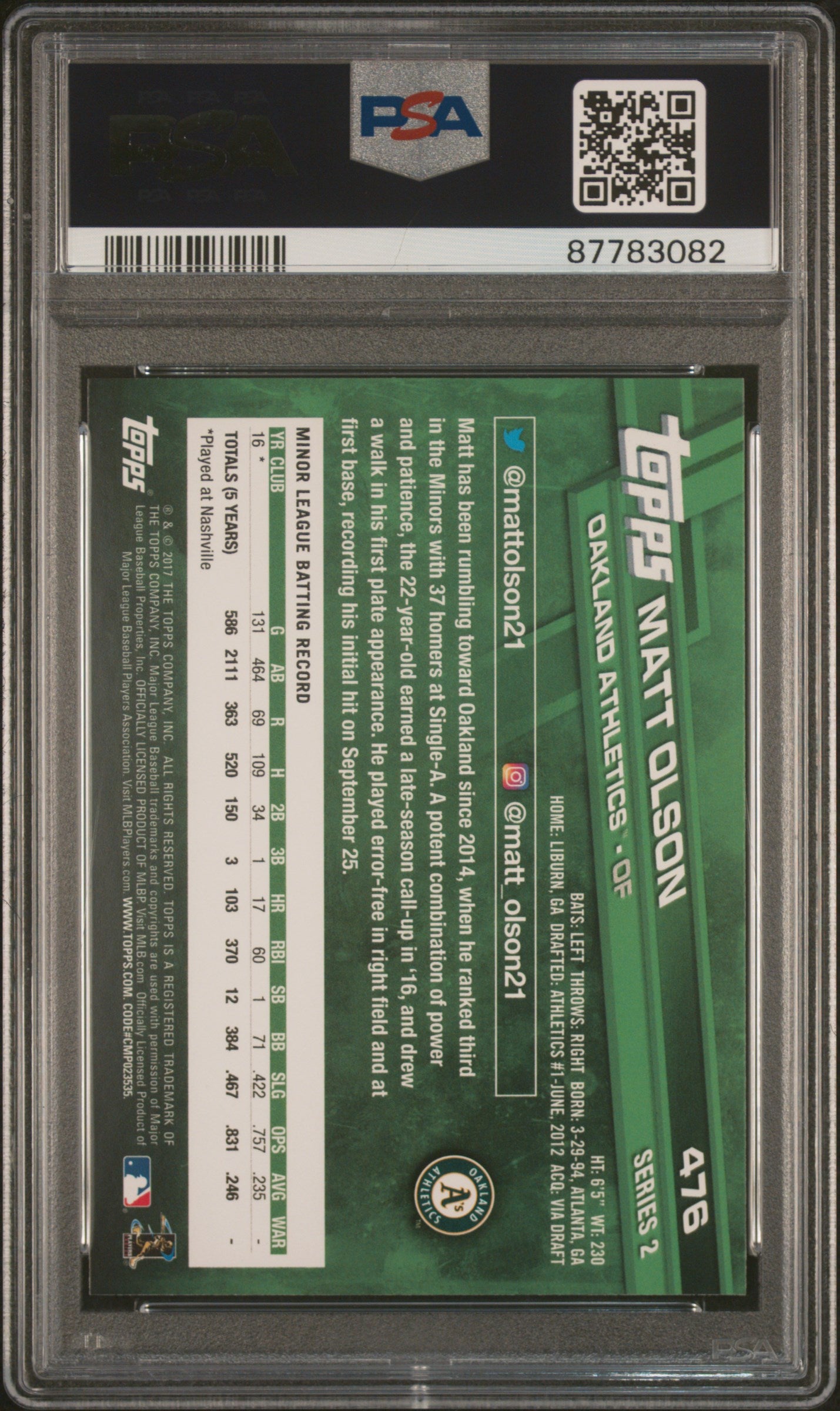 2017 Topps Baseball Matt Olson #476 PSA 10 87783082