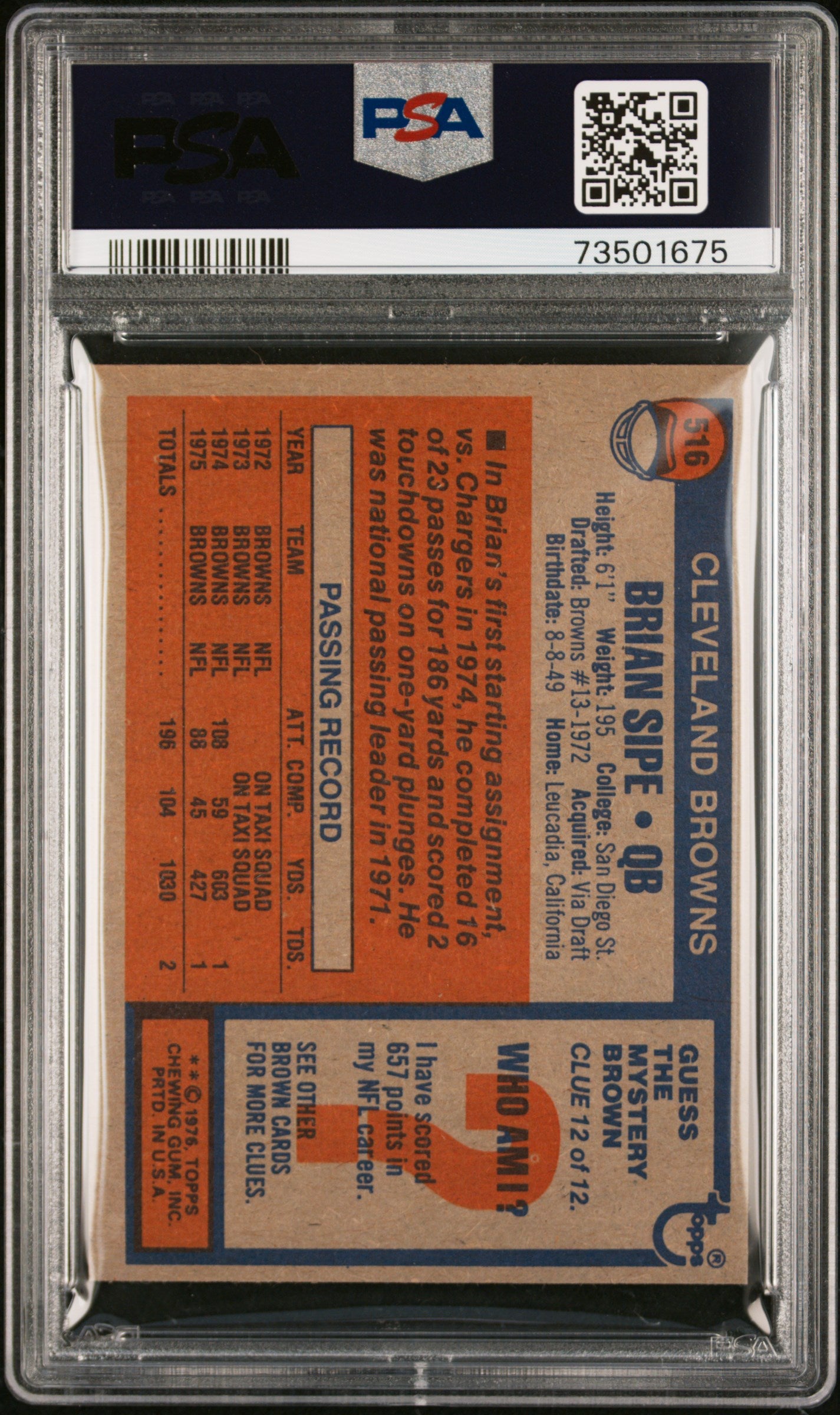 1976 Topps Football Brian Sipe #516 Psa 8 73501675