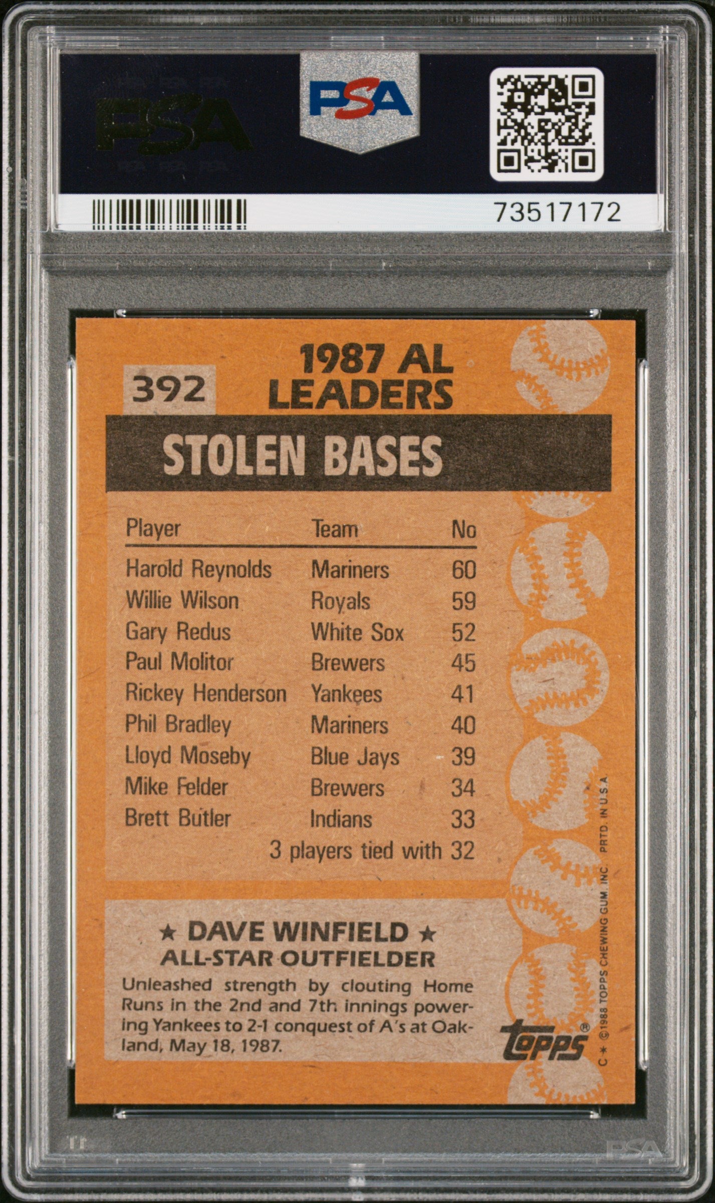 1988 Topps Baseball Dave Winfield #392 Psa 9 73517172