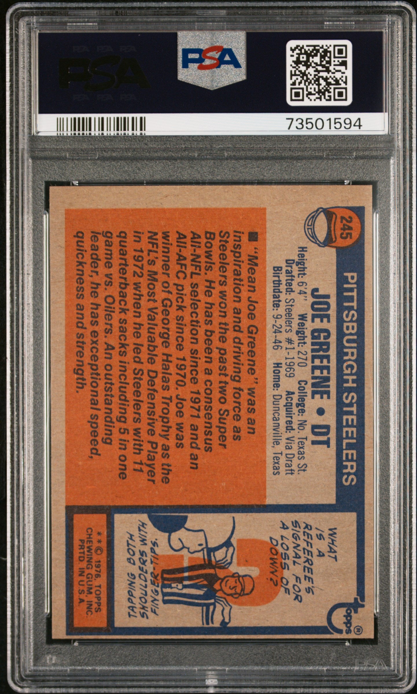 1976 Topps Football Joe Greene #245 Psa 6 73501594