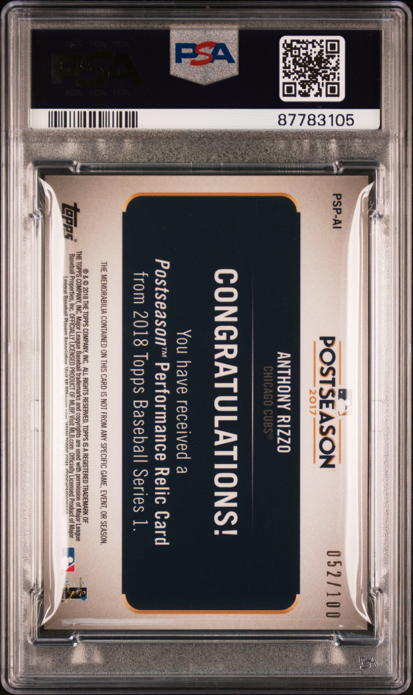 2018 Topps Postseason Performance Relics Anthony Rizzo #AI PSA 10 87783105 POP1