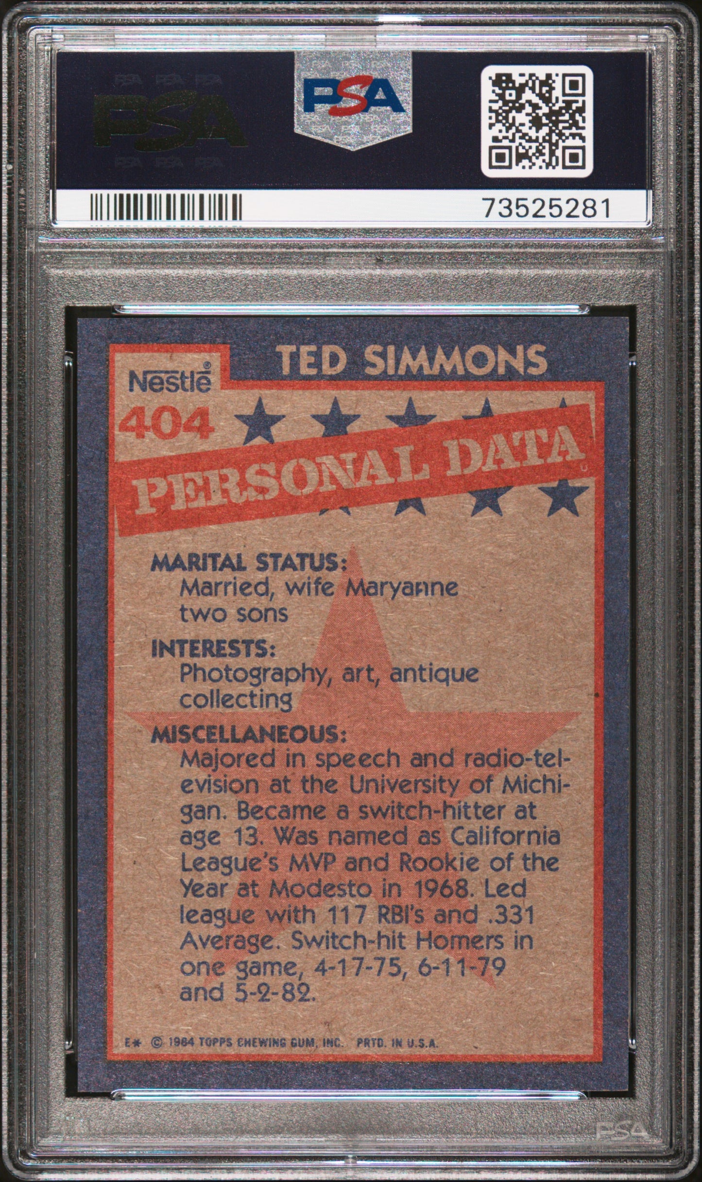 1984 Topps Nestle Hand Cut Baseball Ted Simmons #404 Psa 9 73525281