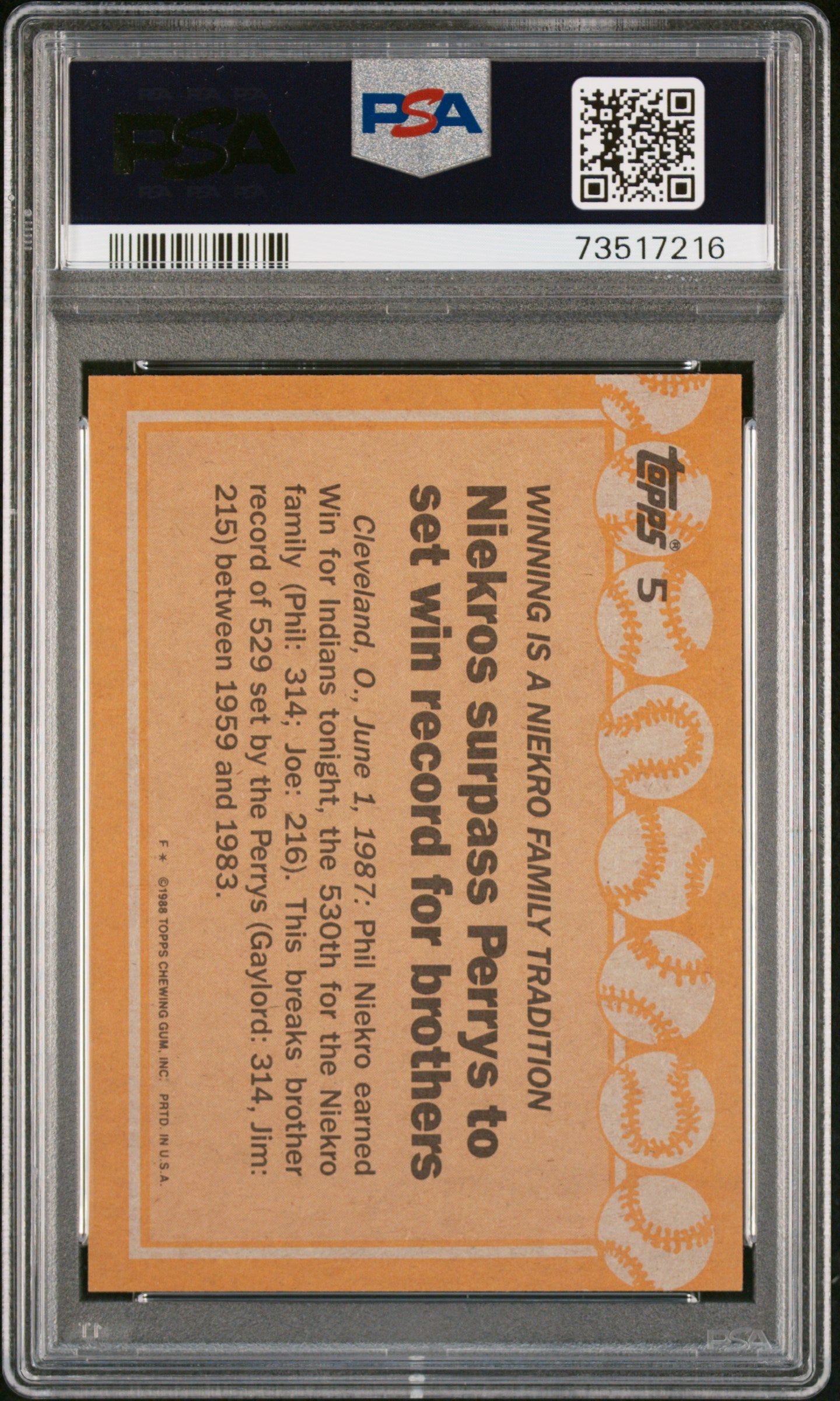 1988 Topps Baseball J/niekro/p/niekro #5 Psa 9 73517216
