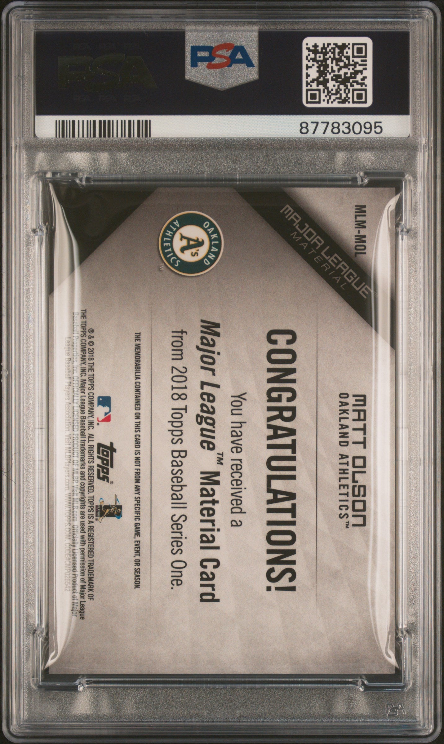 2018 Topps Major League Material Relic GOLD Matt Olsen PSA 10 87783095 POP 1