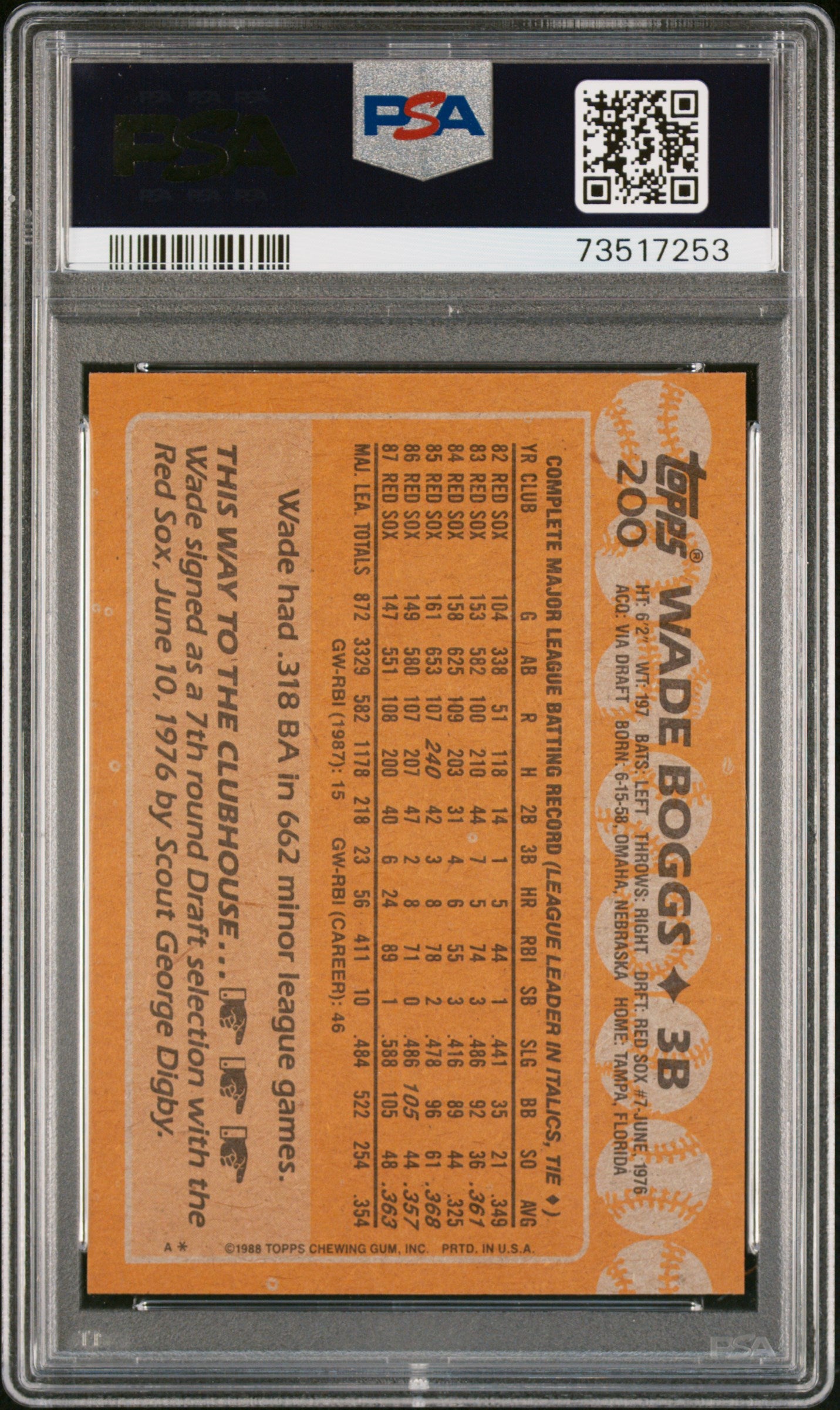 1988 Topps Baseball Wade Boggs #200 Psa 9 73517253
