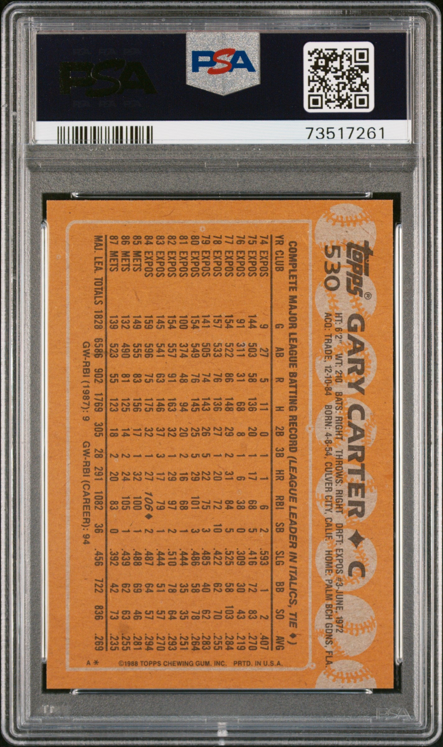 1988 Topps Baseball Gary Carter #530 Psa 9 73517261