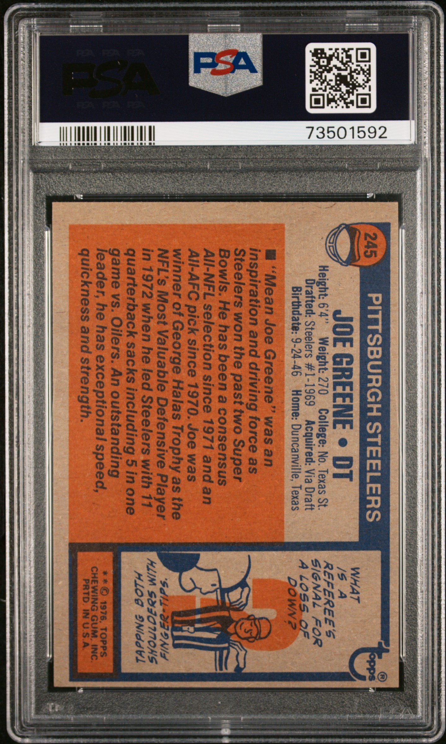 1976 Topps Football Joe Greene #245 Psa 7 73501592