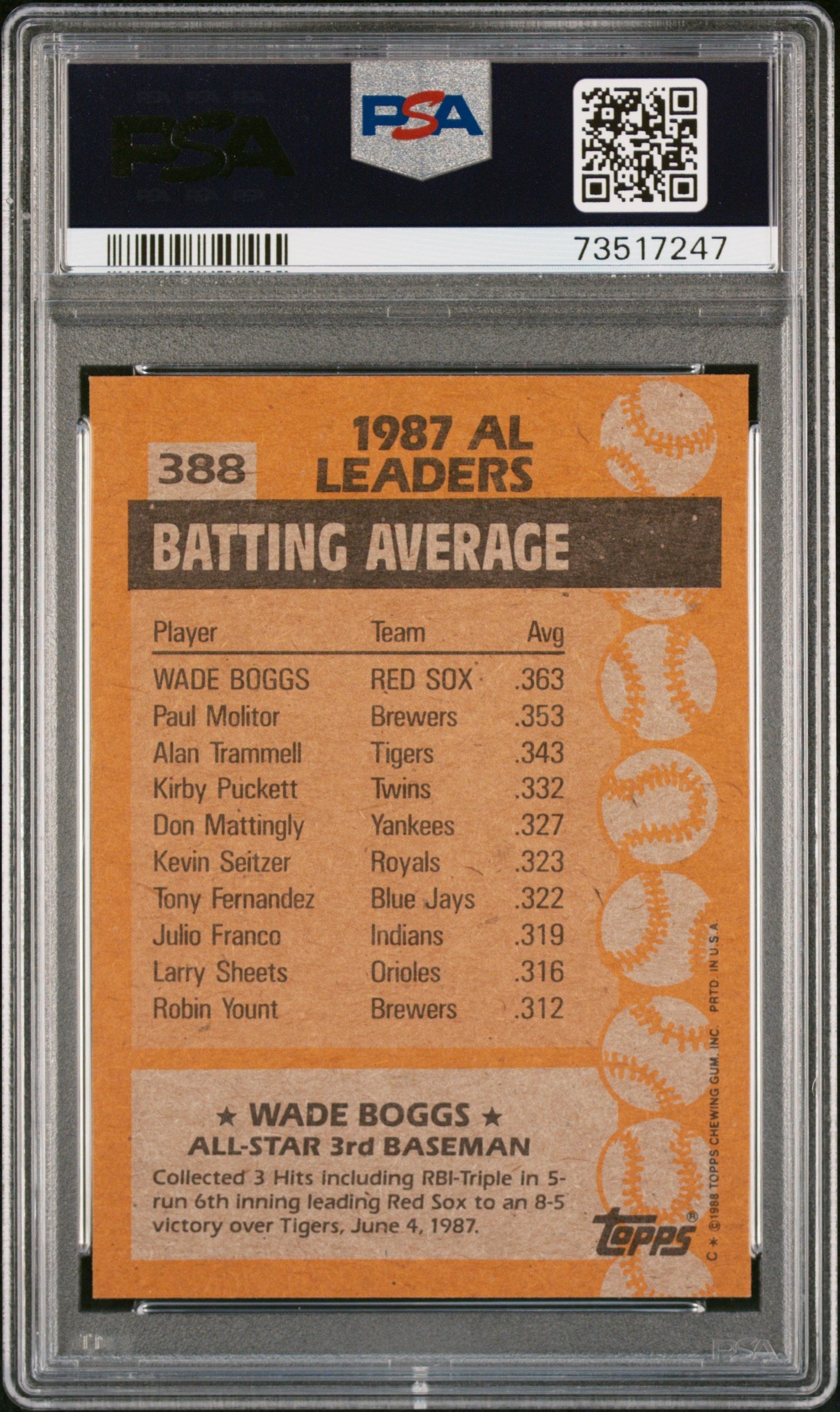 1988 Topps Baseball Wade Boggs #388 Psa 9 73517247