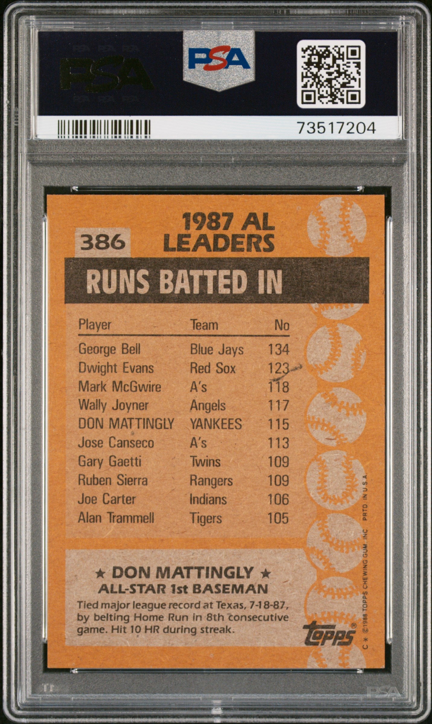 1988 Topps Baseball Don Mattingly #386 Psa 9 73517204
