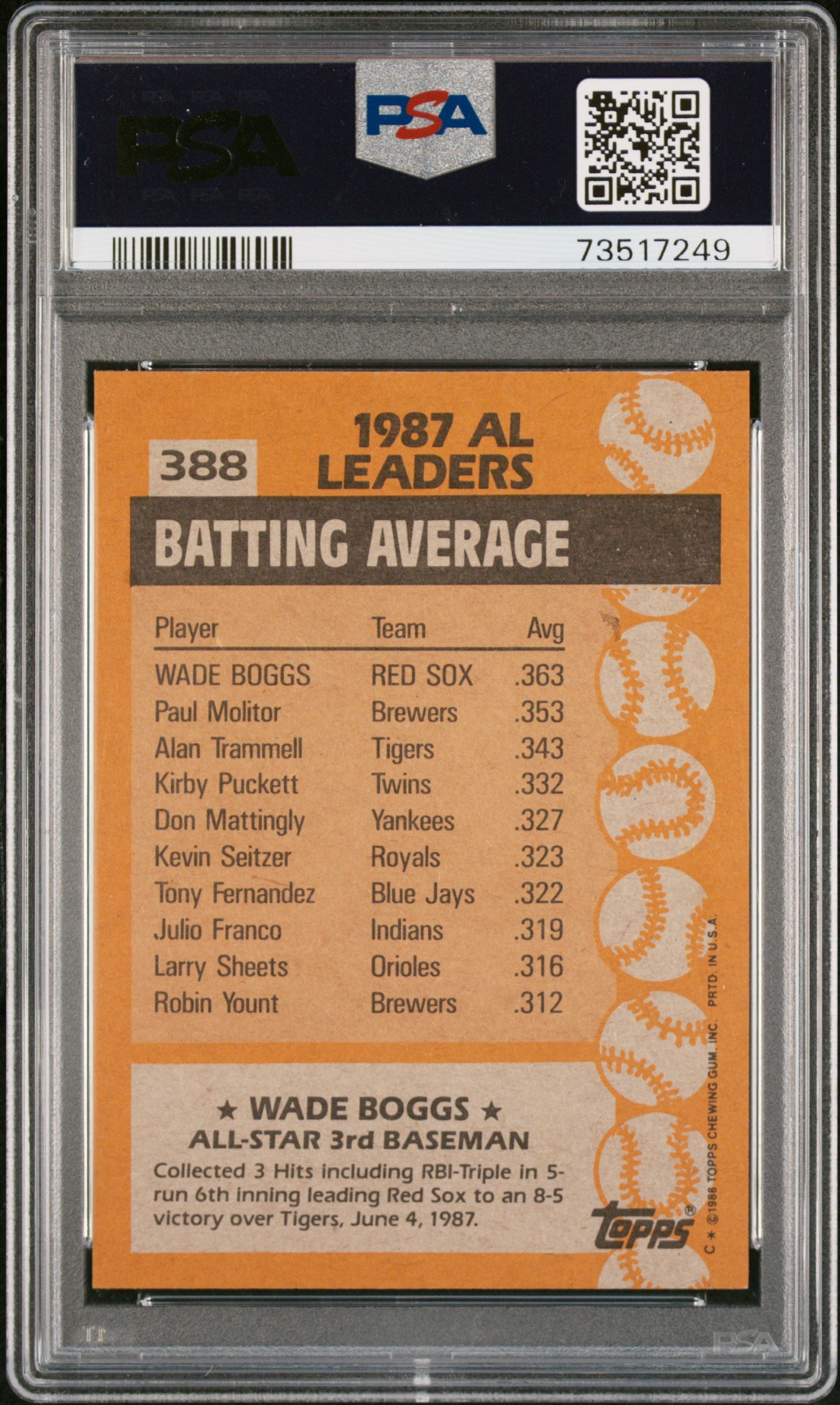 1988 Topps Baseball Wade Boggs #388 Psa 9 73517249