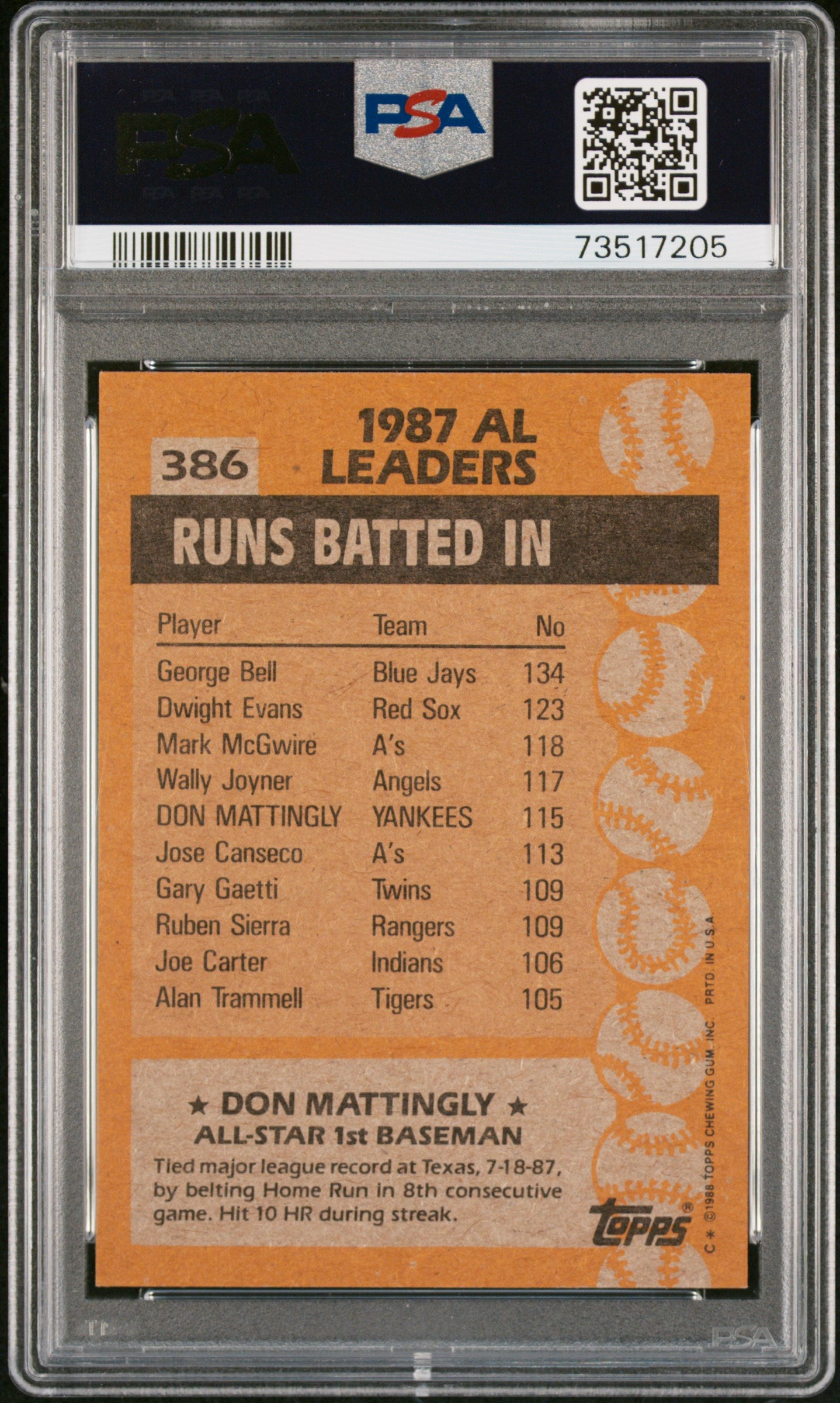 1988 Topps Baseball Don Mattingly #386 Psa 9 73517205