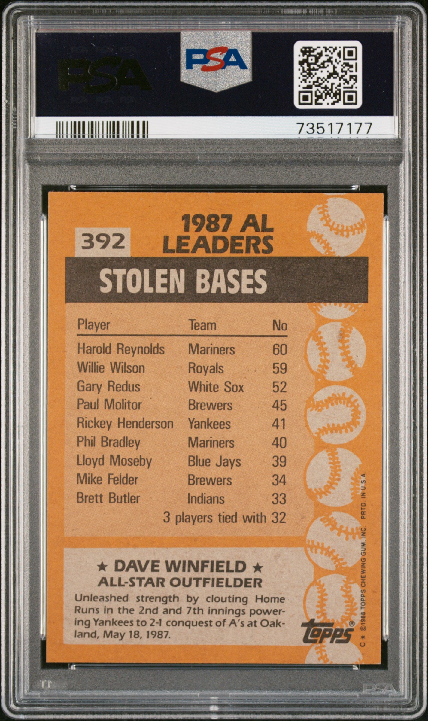 1988 Topps Baseball Dave Winfield #392 Psa 9 73517177