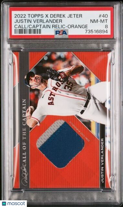 2022 Topps x Derek Jeter Relics Justin Verlander ORANGE Baseball Card #40 PSA 8