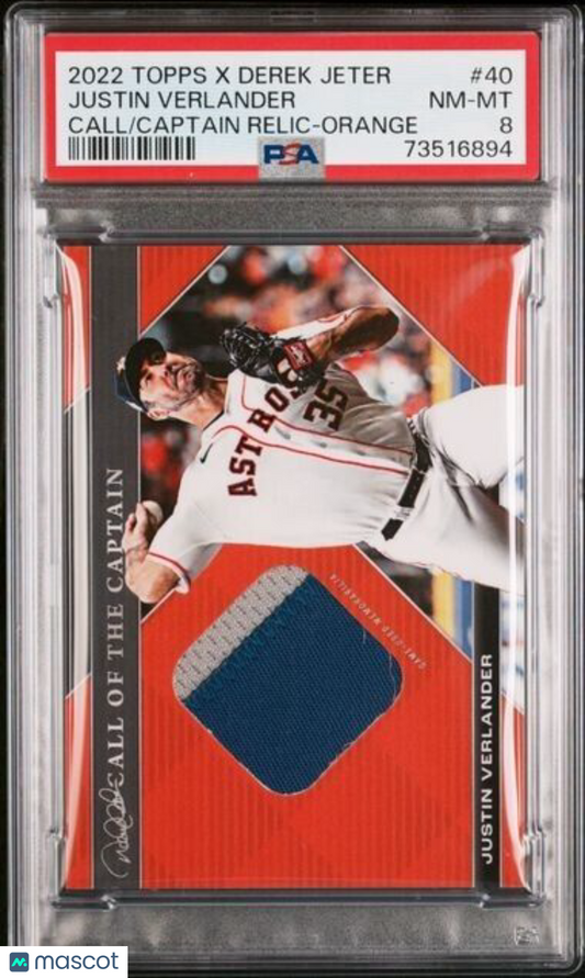 2022 Topps x Derek Jeter Relics Justin Verlander ORANGE Baseball Card #40 PSA 8