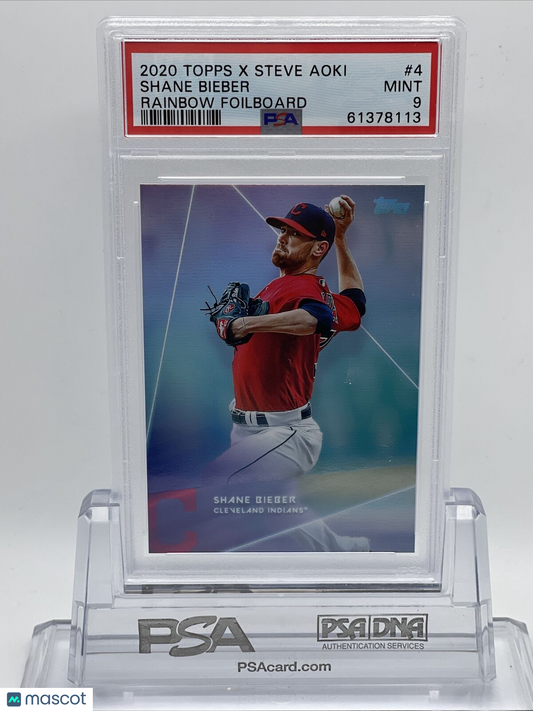2020 Topps X Steve Aoki Shane Bieber Rainbow Foilboard Baseball Card #4 PSA 9