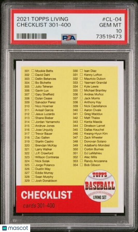 2021 Topps Living Set Checklist 301-400 Baseball Card #CL-04 PSA 10 Gem Mint