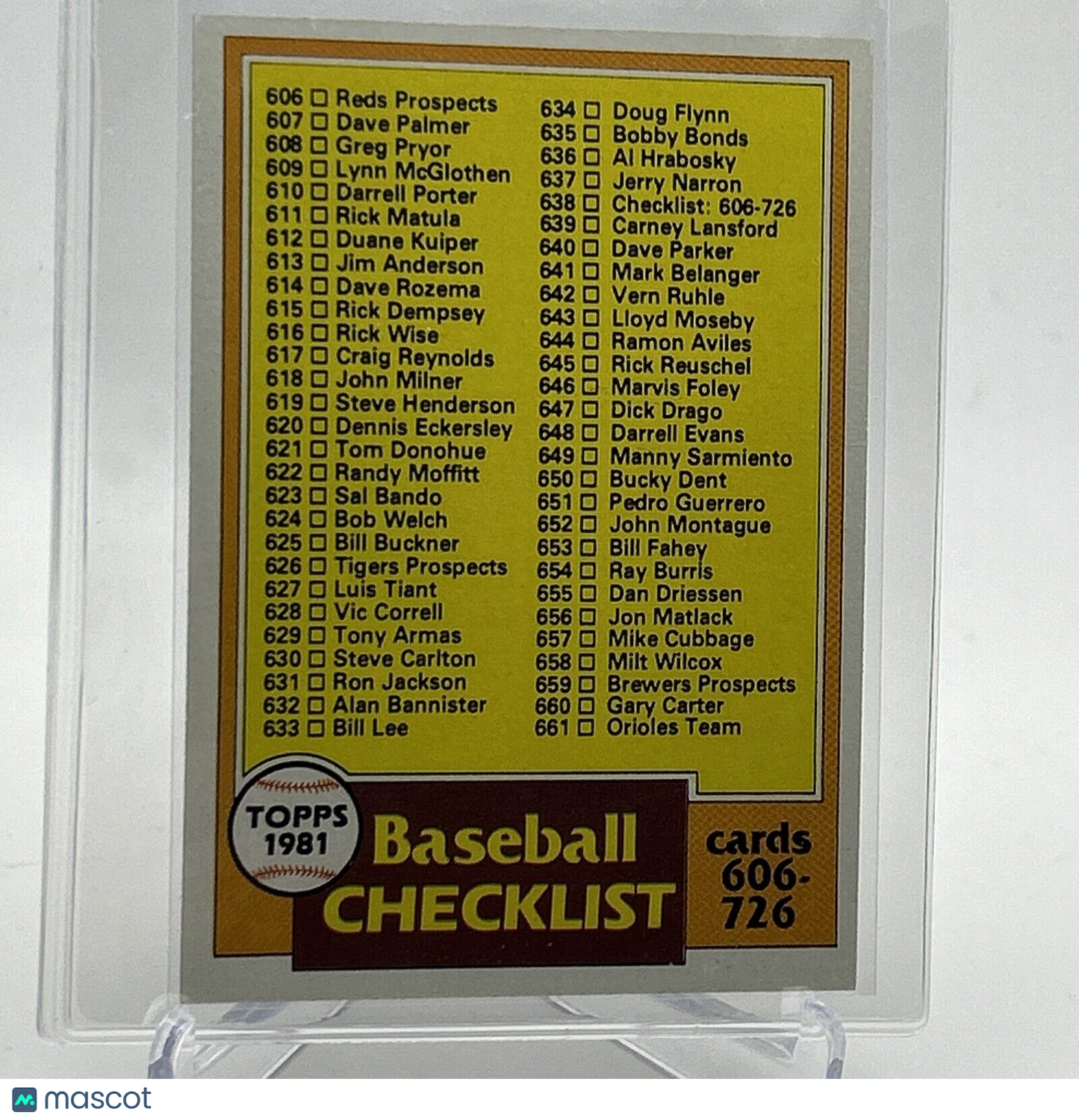 1981 Topps Checklist: 606-726 Baseball Card #638 NM-Mint FREE SHIPPING