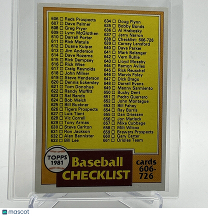 1981 Topps Checklist: 606-726 Baseball Card #638 NM-Mint FREE SHIPPING