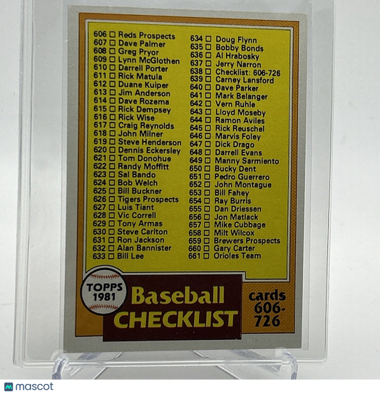 1981 Topps Checklist: 606-726 Baseball Card #638 NM-Mint FREE SHIPPING