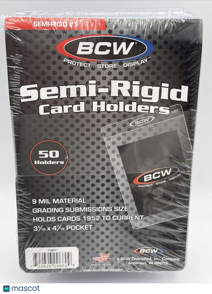 BCW Semi-Rigid Card Holders #1 1 Pack of 50 Sleeves for Graded Card Submissions