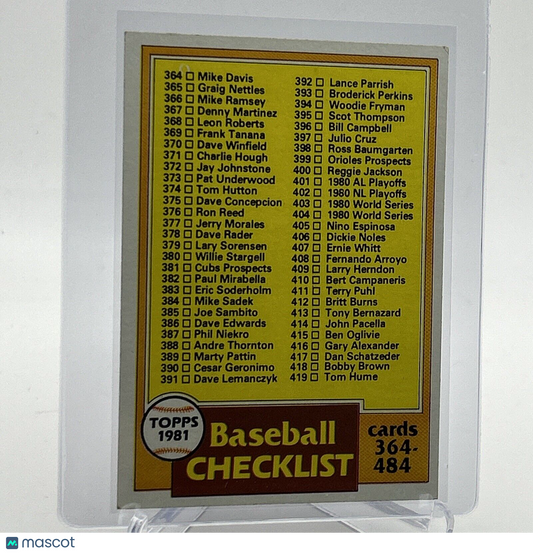 1981 Topps Checklist: 364-484 Baseball Card #446 NM-Mint FREE SHIPPING