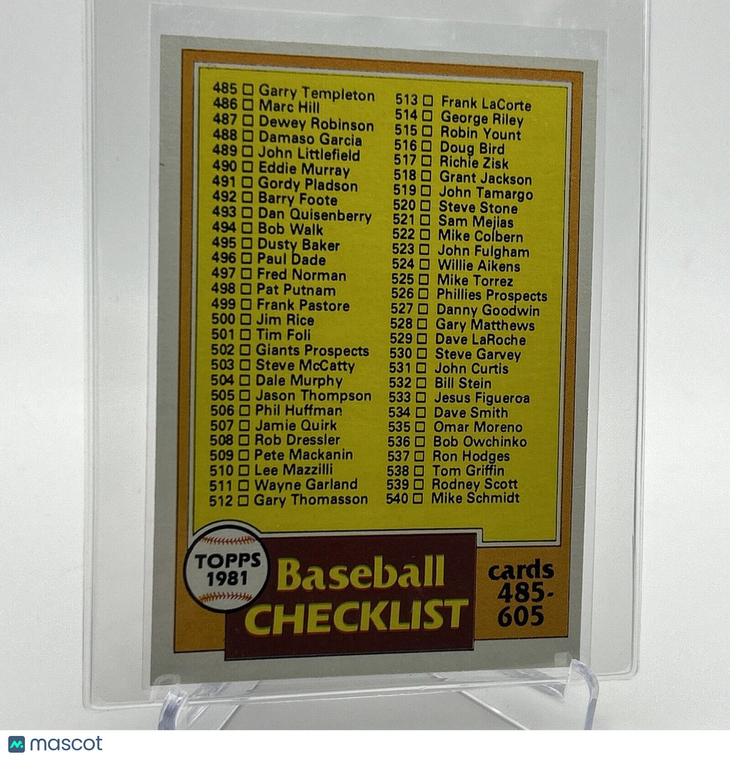 1981 Topps Checklist: 485-605 Baseball Card #562 NM-Mint FREE SHIPPING