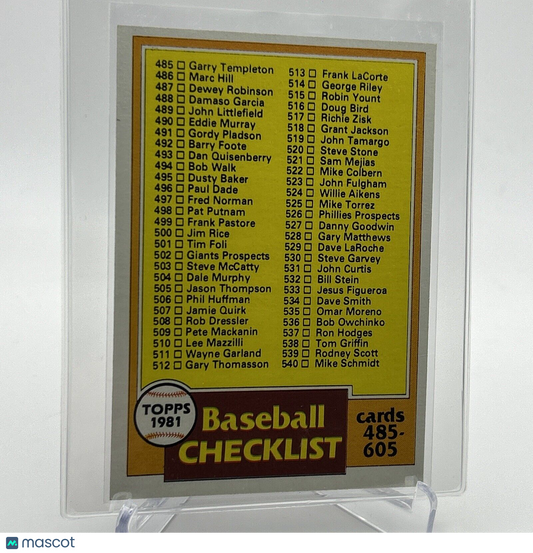 1981 Topps Checklist: 485-605 Baseball Card #562 NM-Mint FREE SHIPPING